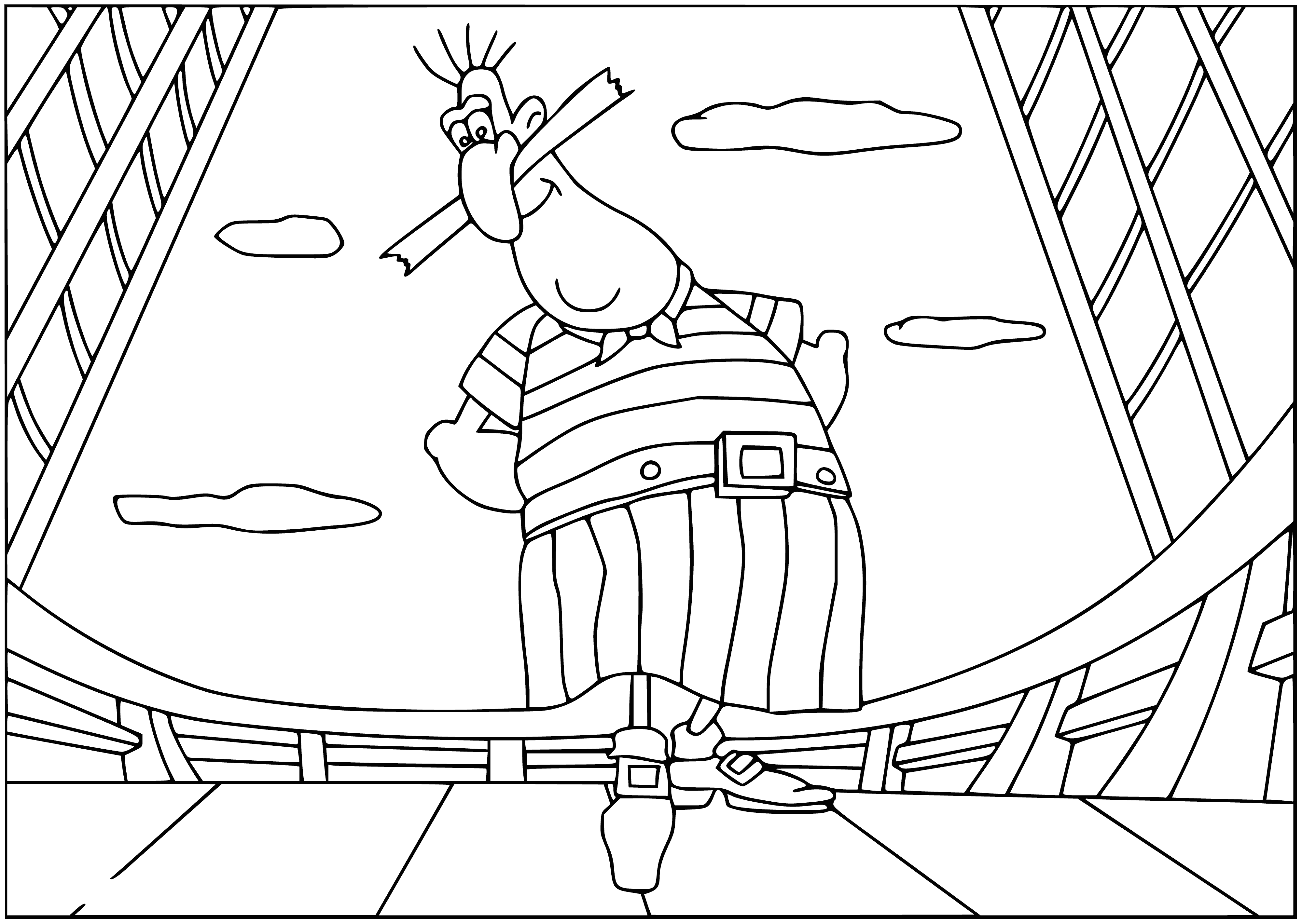 coloring page: Pirates search for treasure aboard a large ship; skull and crossbones flag waves above deck, treasue chest on board.