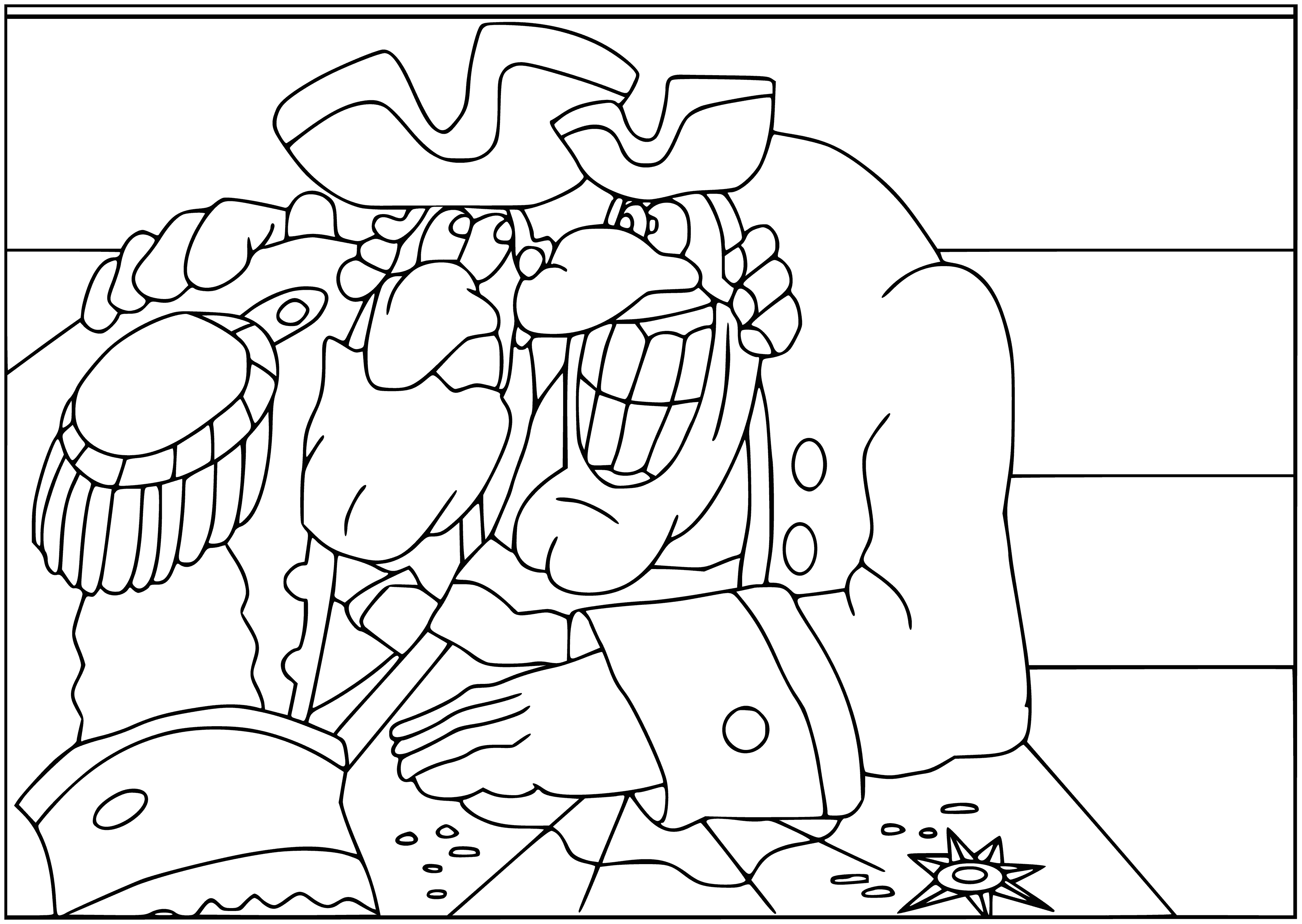 coloring page: Squire, doctor and men studying a treasure map, gesturing and nodding in agreement, planning next move.