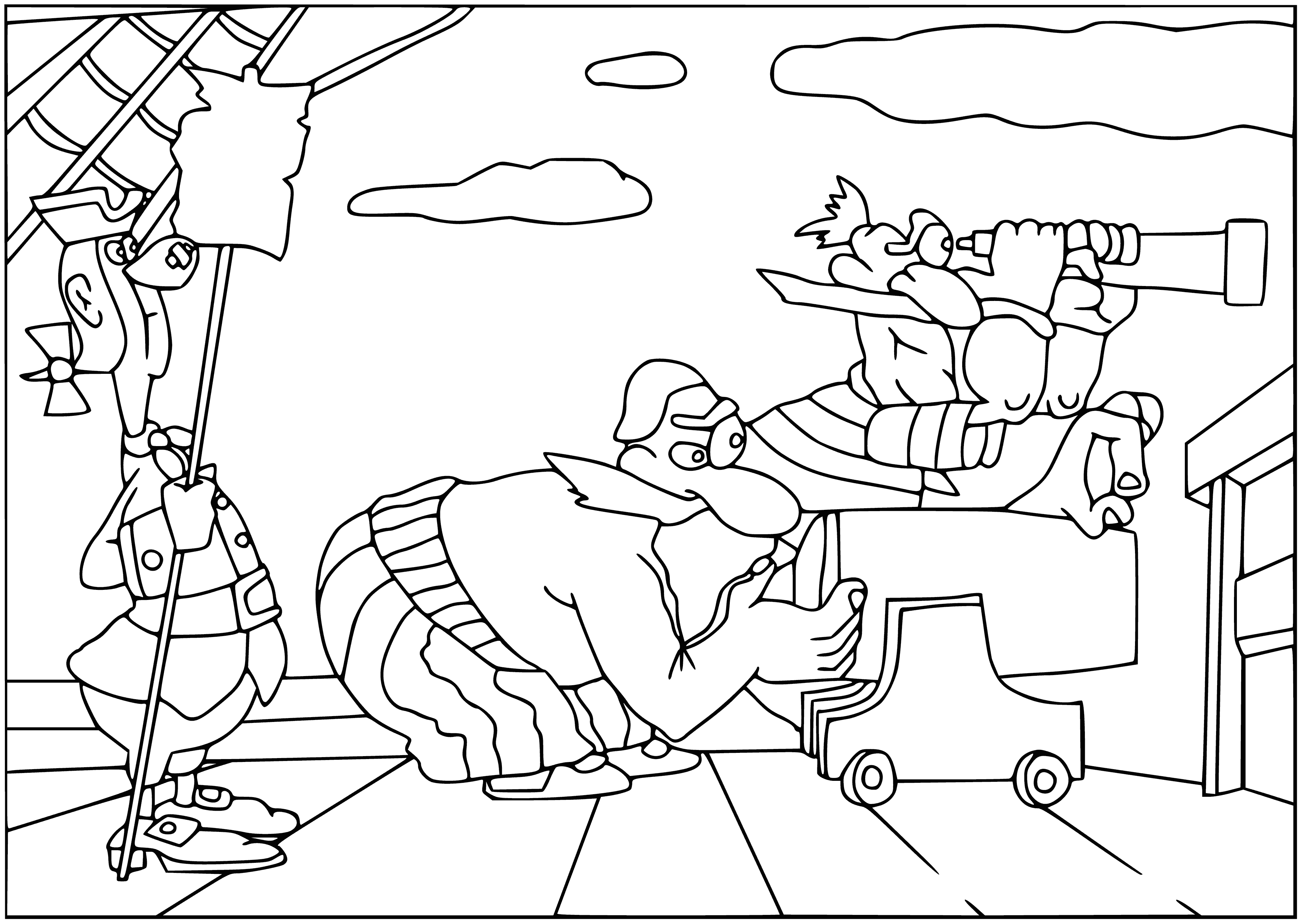 coloring page: Small island holds mysterious wooden structure: pendulum-like weight on large wheel; platform w/ cannon facing sea, stairs & large flag flying.