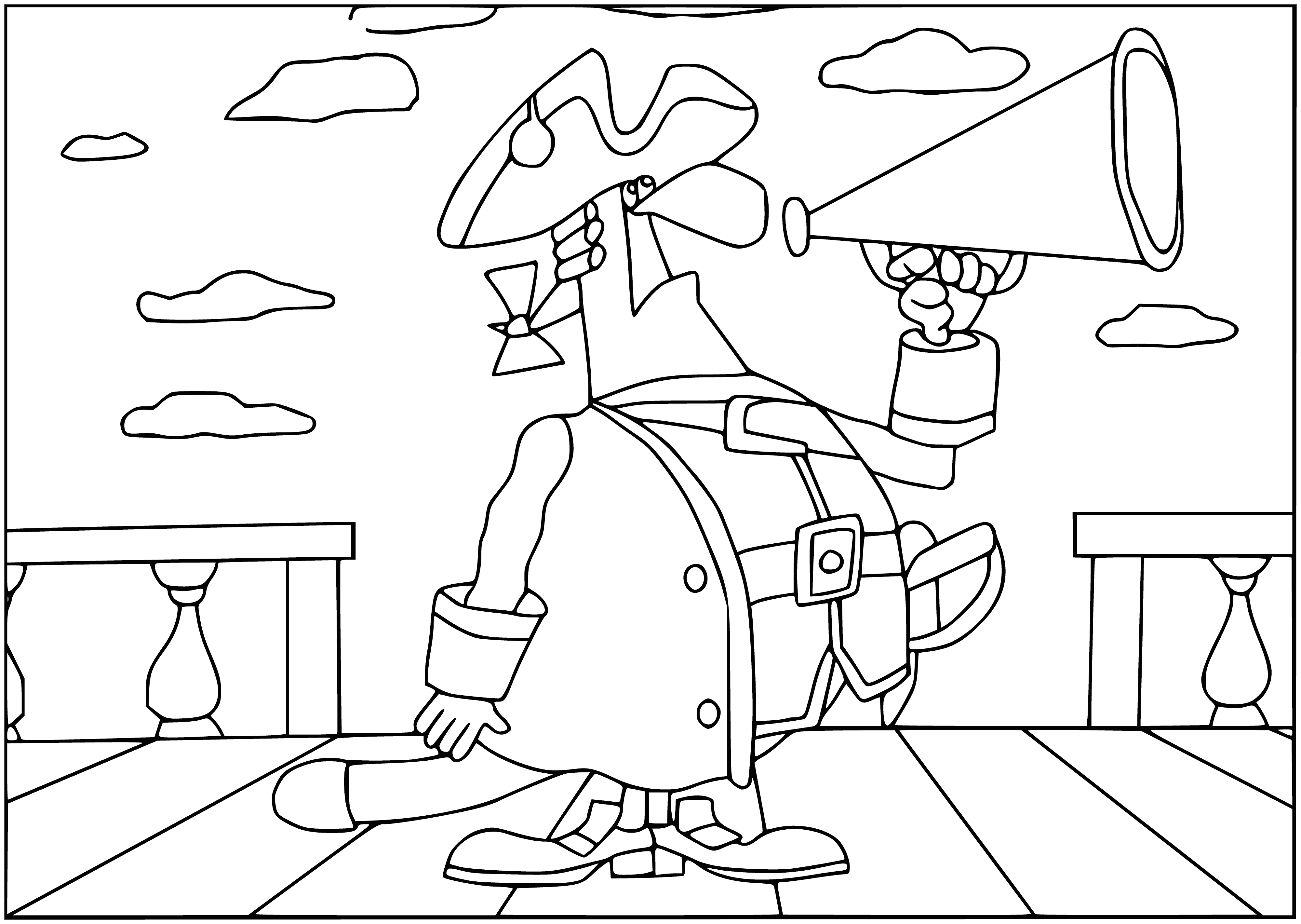 coloring page: The Captain Smollett is struggling against the elements in a battle to stay afloat - sails are in tatters but the crew is doing their best to save the ship.