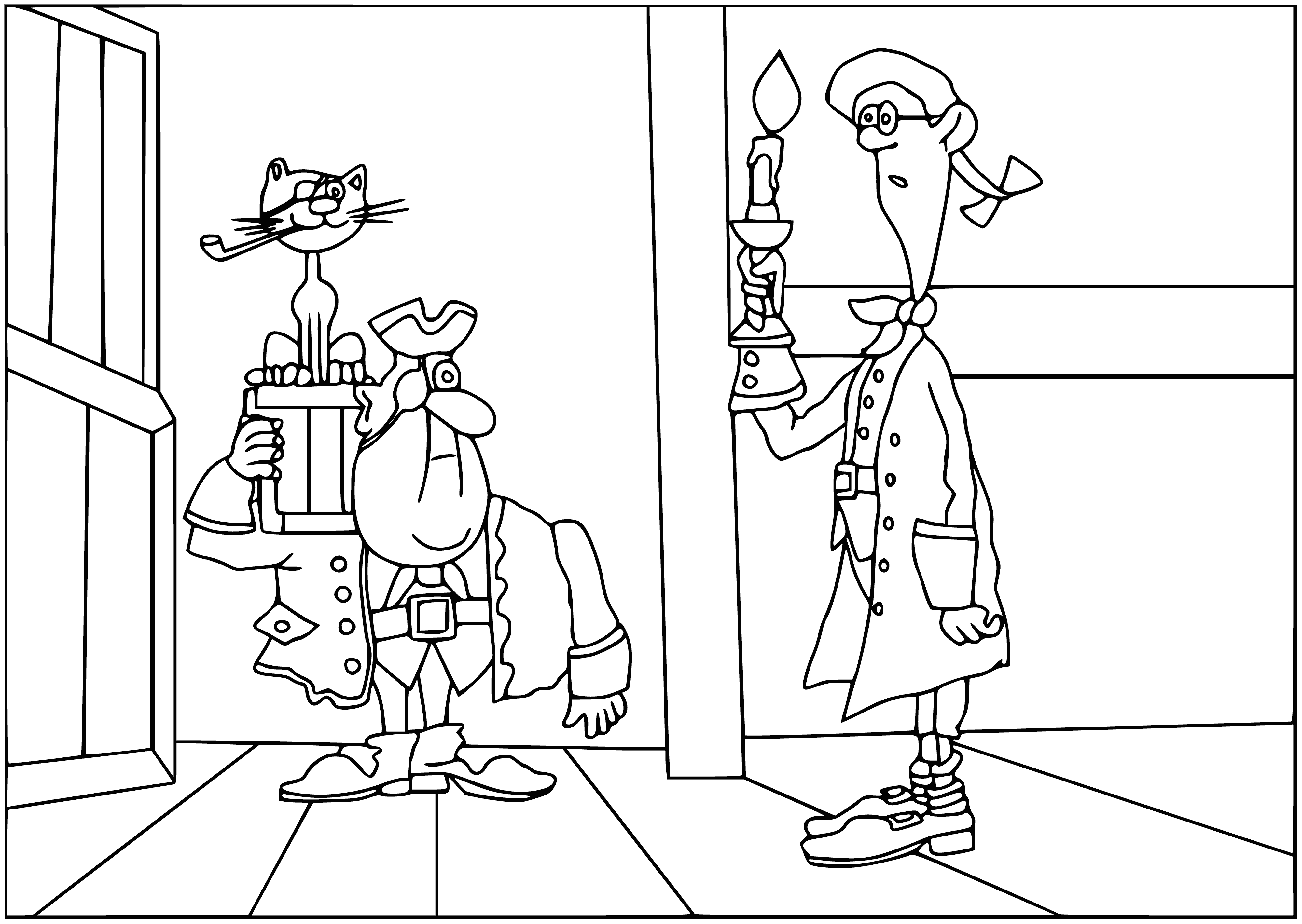 coloring page: Jim Hawkins sees a large pirate ship docked with many pirates milling about and a skull and crossbones flag flying. In the background a small island with palm trees. He stands worryingly on the dock.