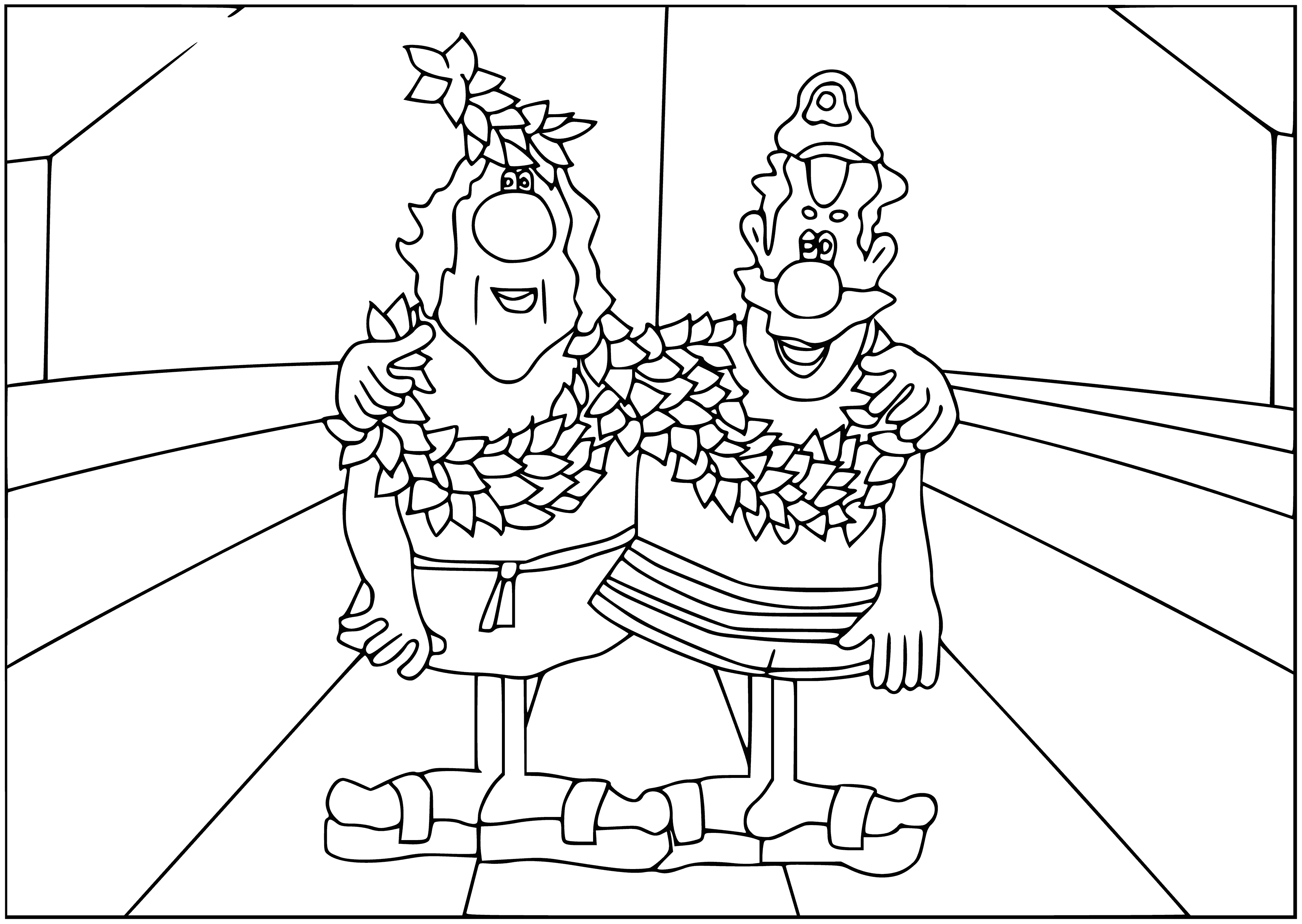 coloring page: Two elderly men aboard a ship-one in red, one in blue.