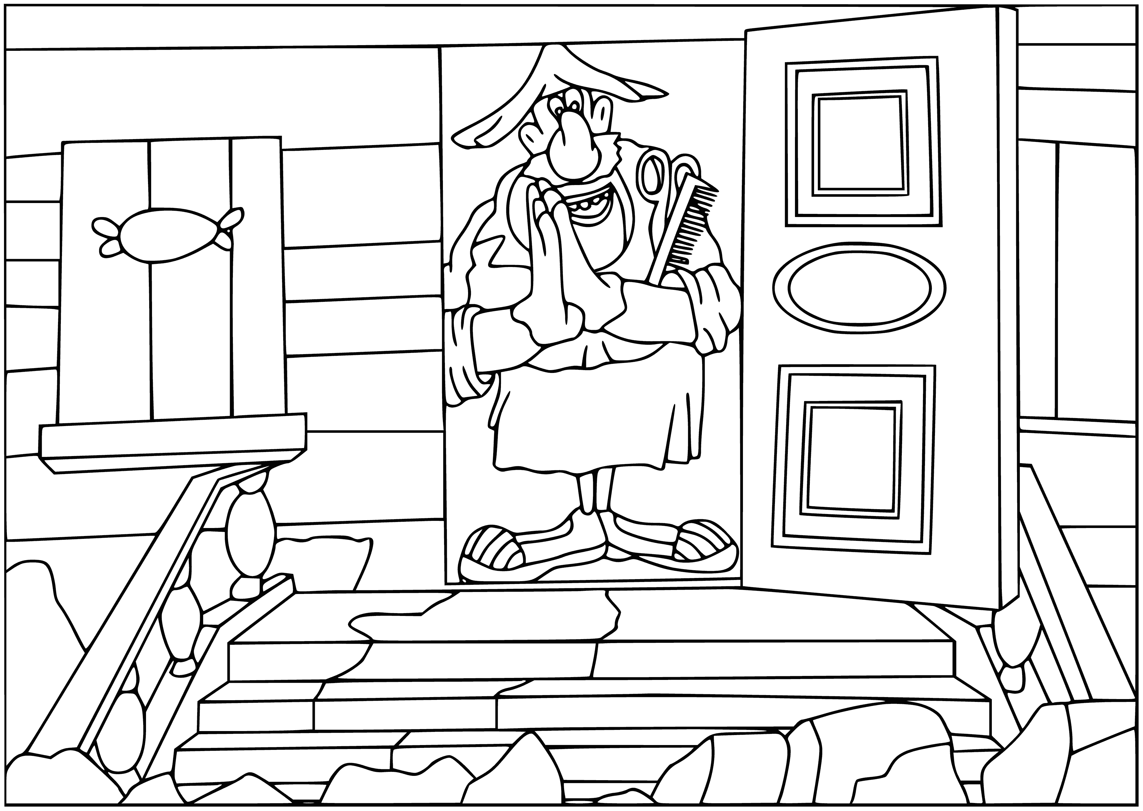 coloring page: Captain Vrungel sails the seas on an adventurous journey with a brave crew facing storms, trying to keep their ship from harm.