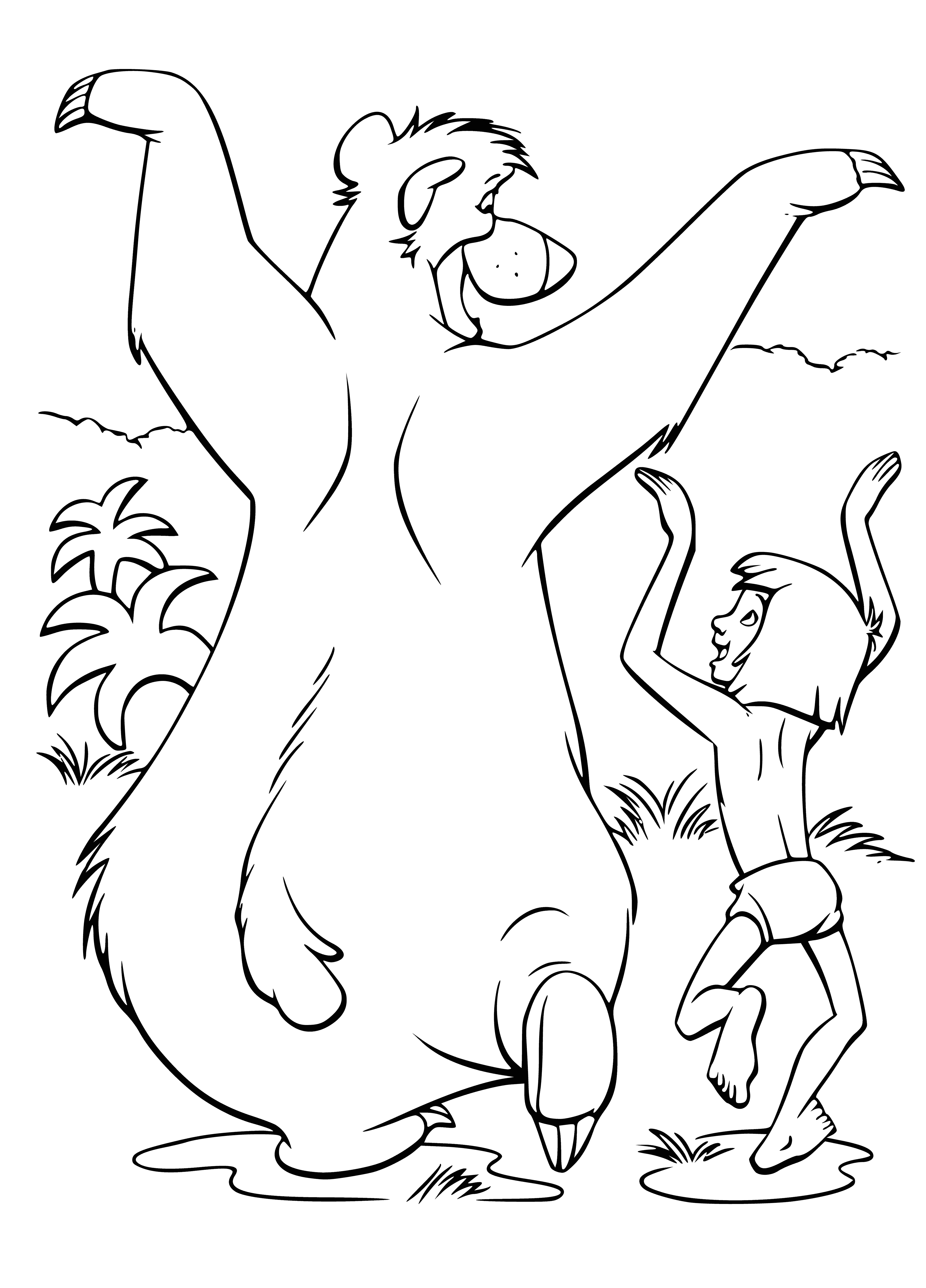 coloring page: Boy and bear share a joyous moment in jungle clearing; bear belly protruding and mouth open in friendly grin, boy bare-chested, delighted and triumphant.