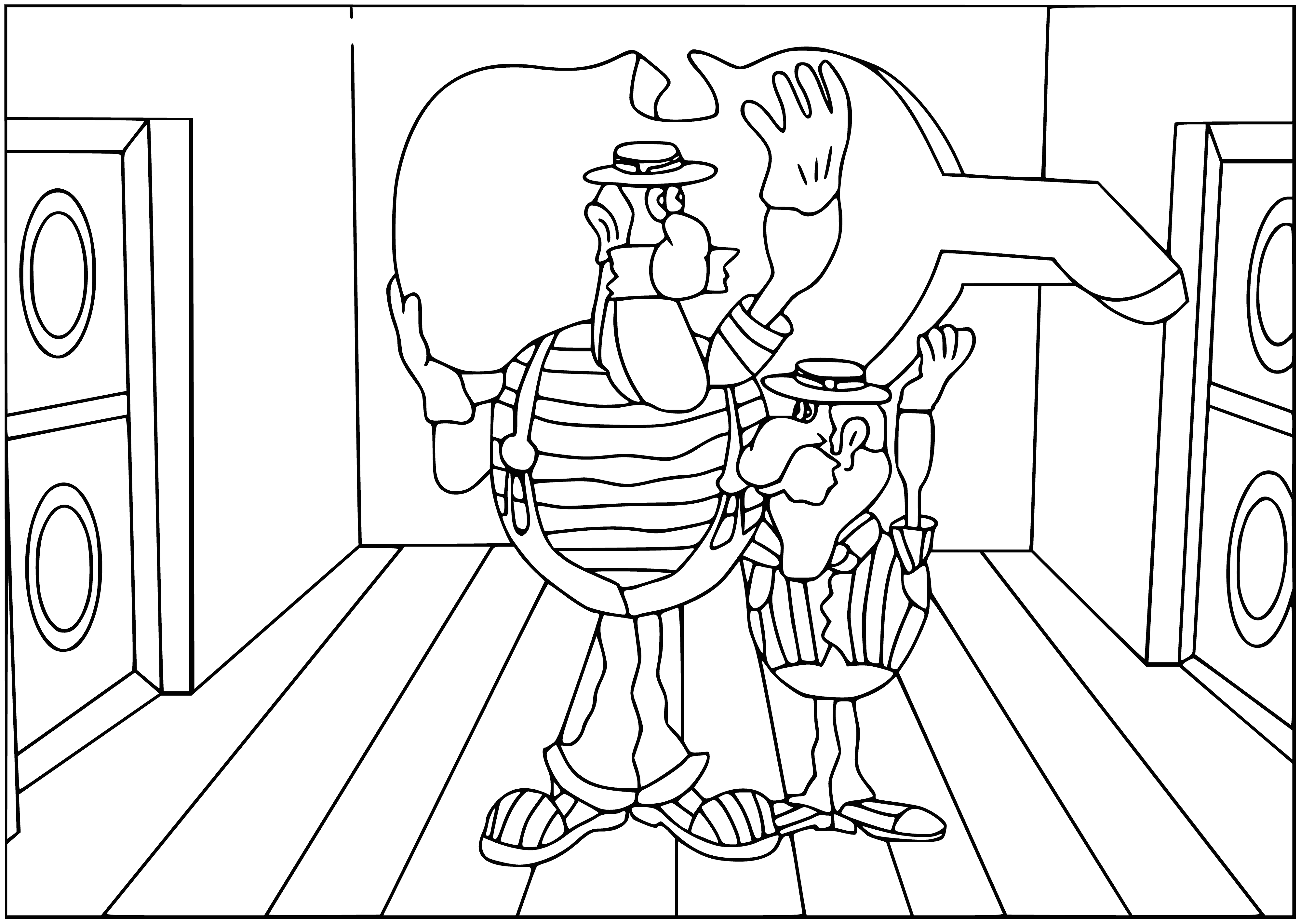 coloring page: Group of people look upset at stolen statue of man wearing cape & hat, holding sword. #theft #statue #upset