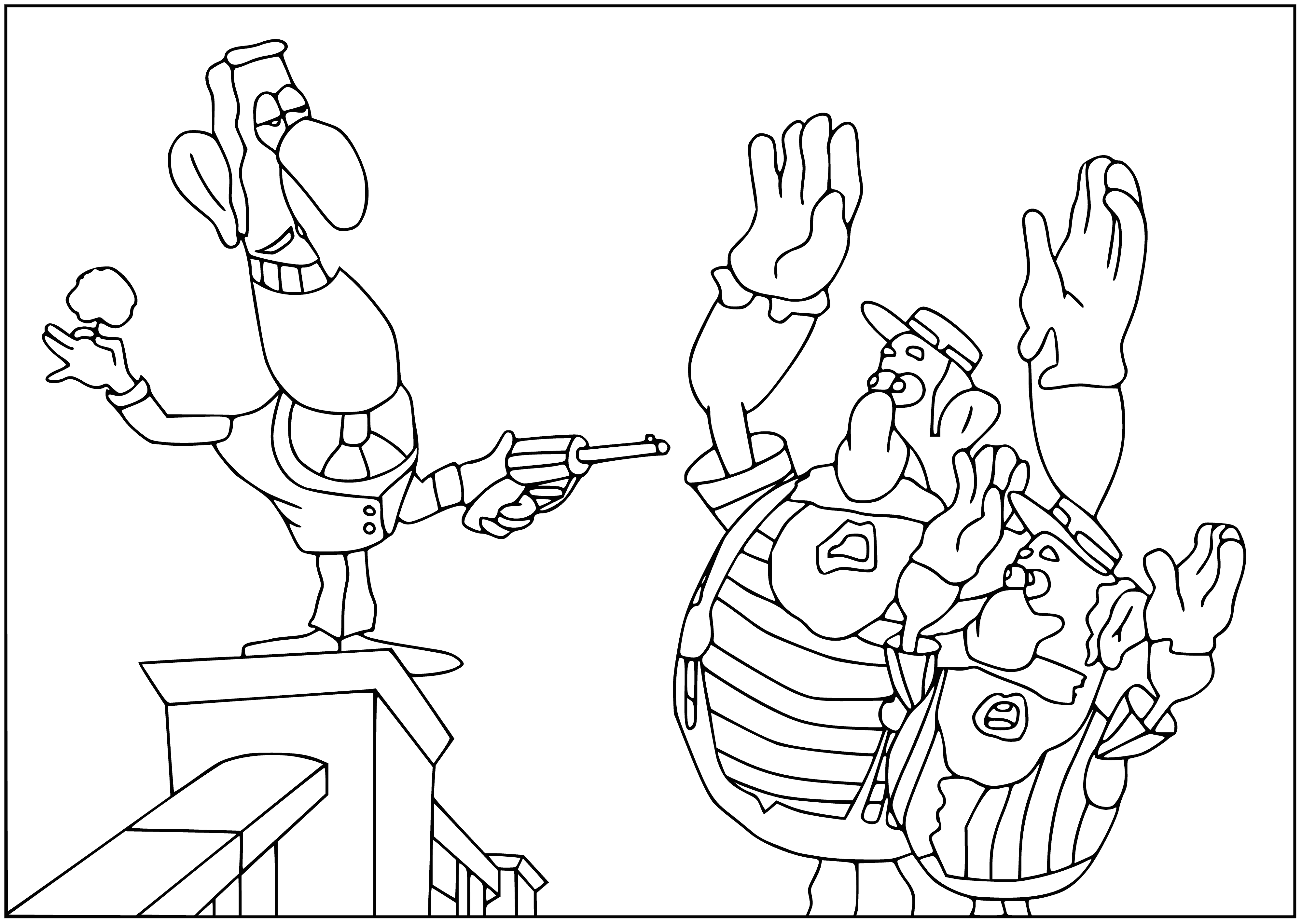 coloring page: A muscular man with a beard and bandana stands on a crate, sword and pistol in hand, with determination on his face as he stares into the distance.