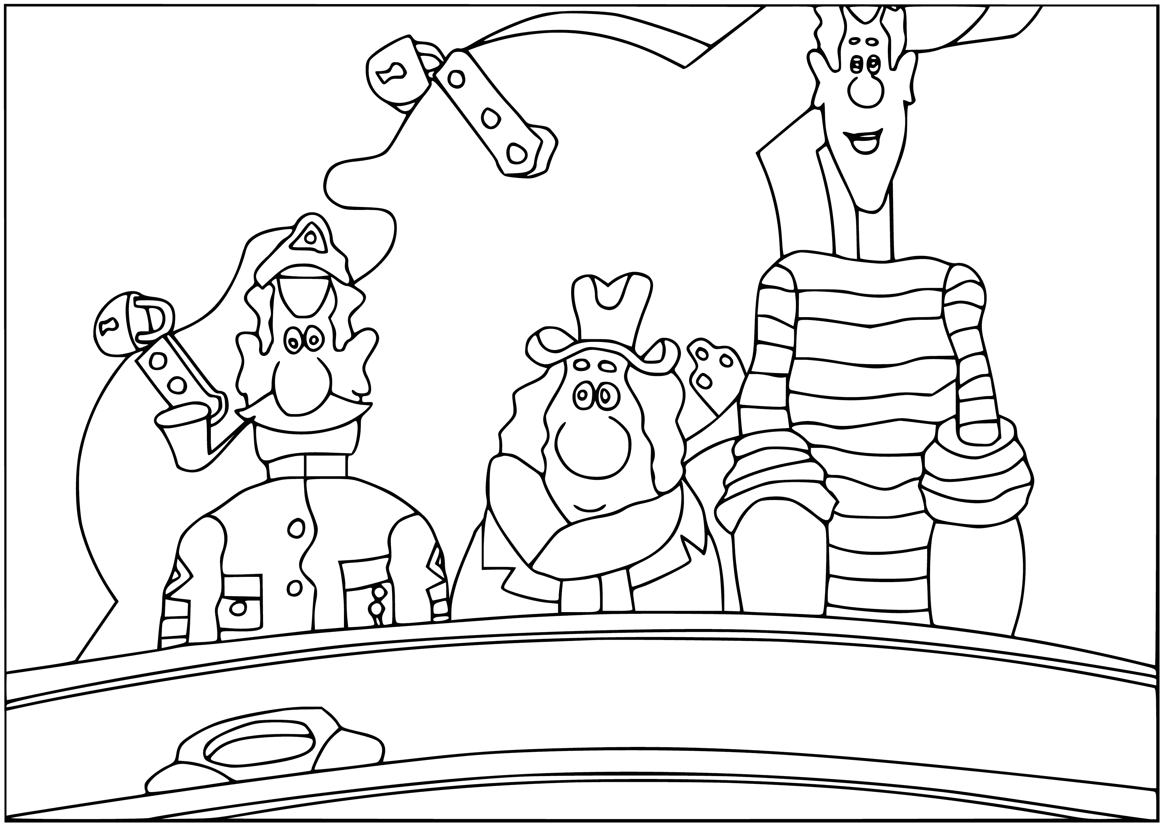 coloring page: 3 men stand on a large, stormy ship's deck. Capt. Vrungel holds a telescope. First mate Fuchs & cook Lom at his sides. #ship #storm