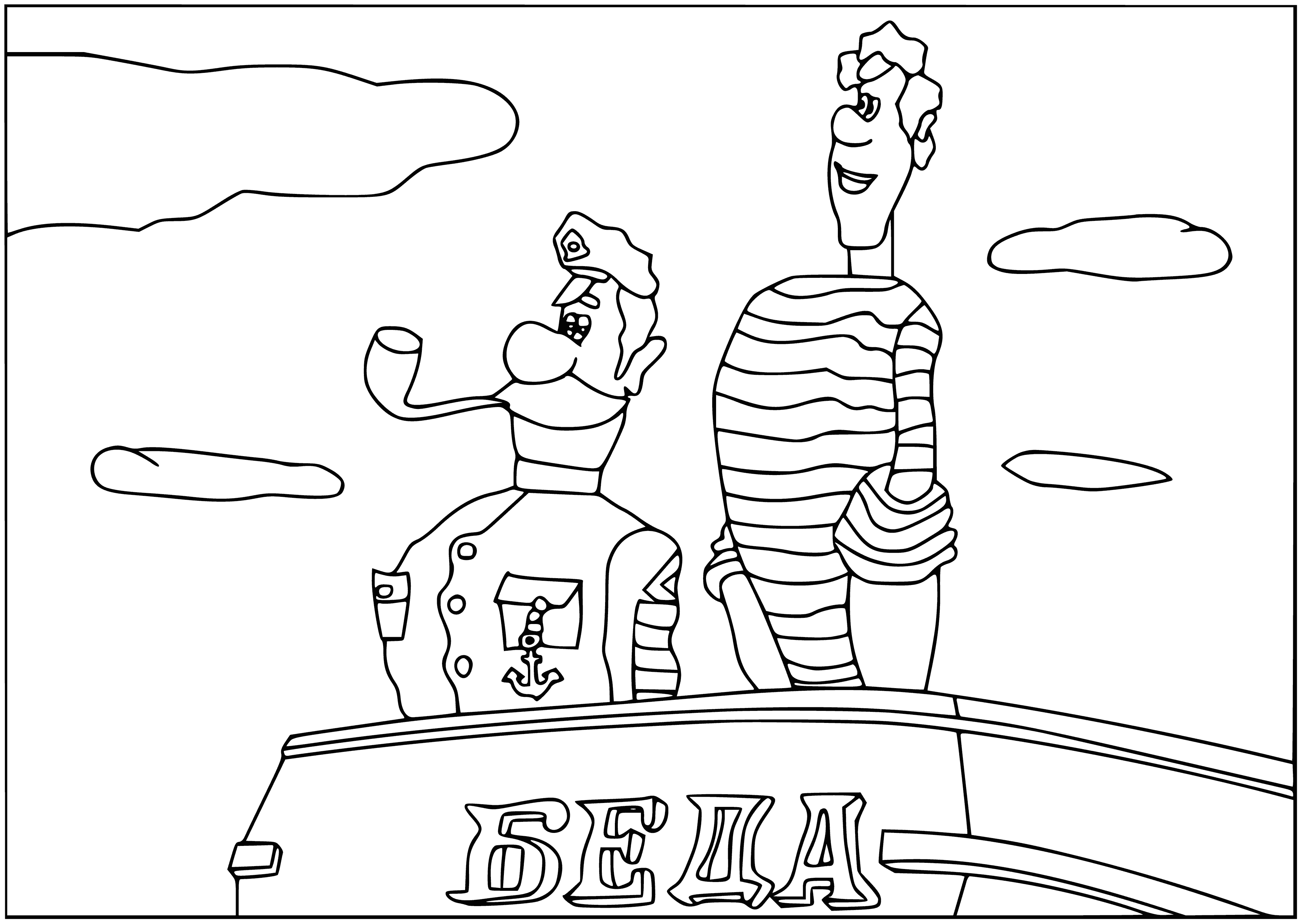 coloring page: Pirate Captain Vrungel & crew sail the seas aboard the Scrap, carrying a large treasure chest; their black flag adorned w/white skull & crossbones.