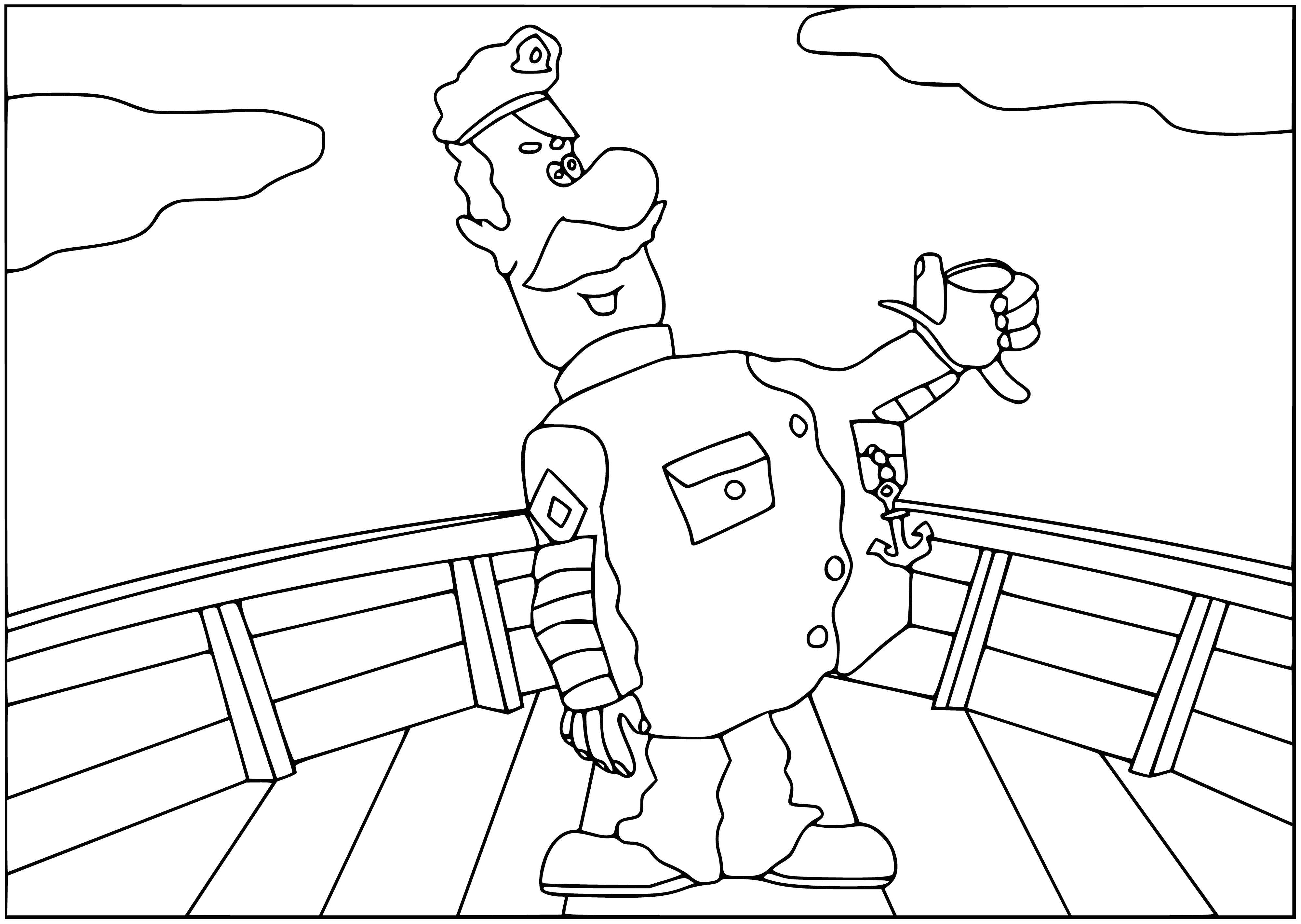 coloring page: Man w/ sword, hat & cape sits on chair. Ship sails on sea in background.