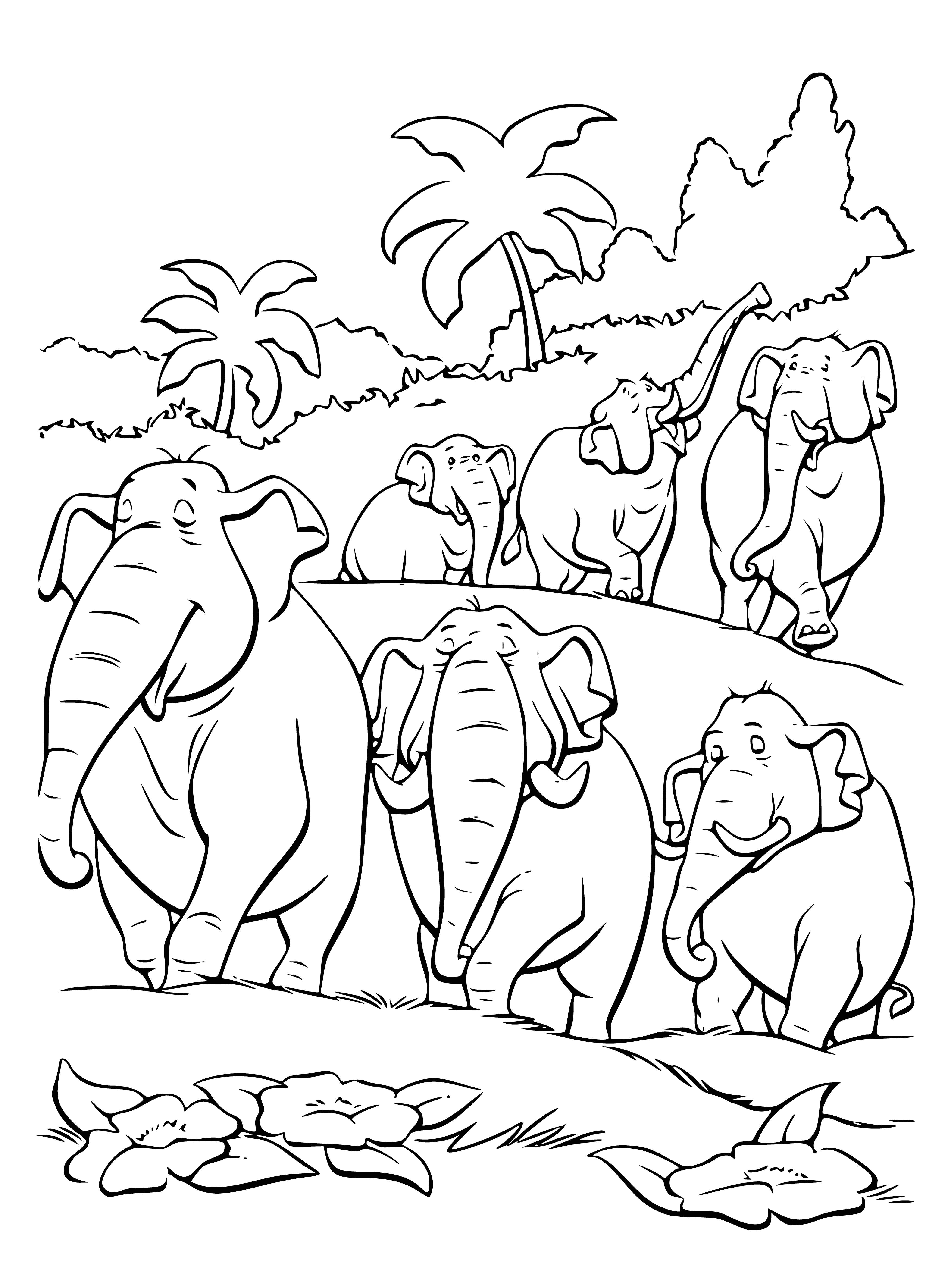 coloring page: Elephant soldiers stand in line, ready for battle. Trunks raised, tusks sharpened, wearing armor and carrying shields. Jungle alive with sounds of animals and birds. #elephantsoldiers #battle