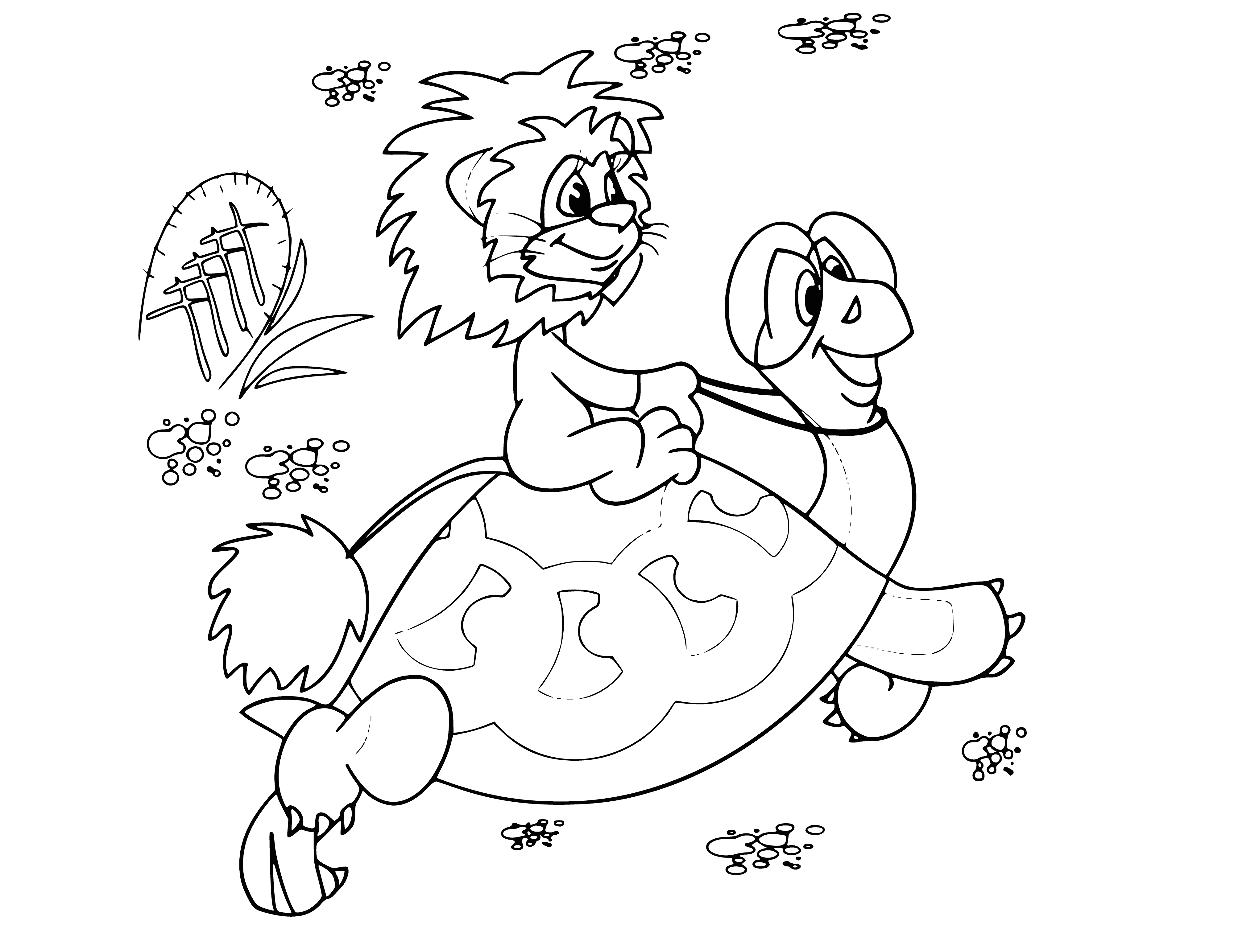 coloring page: Two friends, a lion cub & a turtle, sing a song while spending time together. Holding shells & sticks, they look at each other with love & joy.