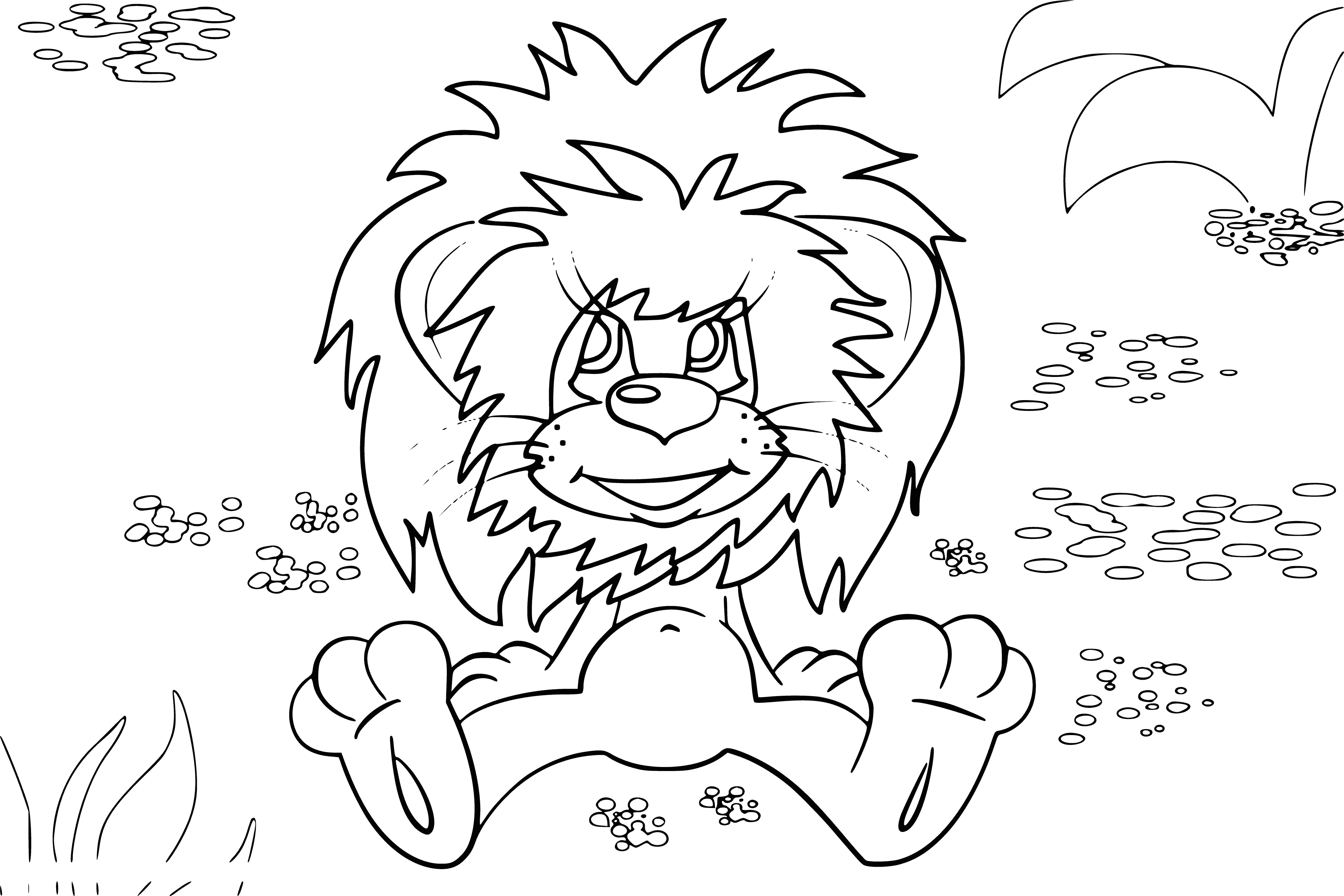 coloring page: A small lion cub and turtle are happily playing together–the lion cub perched atop the turtle's shell, grinning.