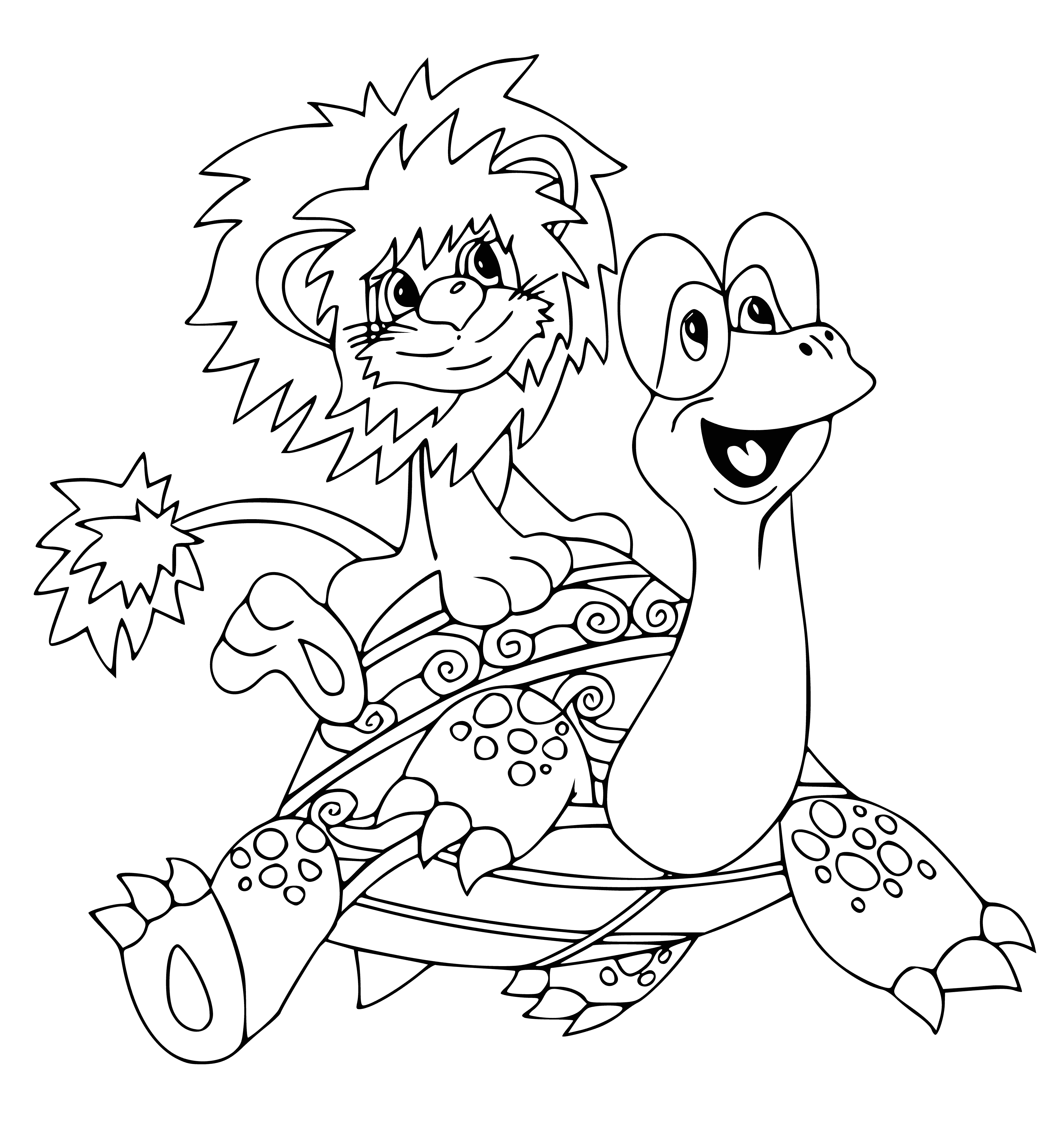 coloring page: Lion and Turtle are happy in the sun, singing and swimming with smiles on their faces.