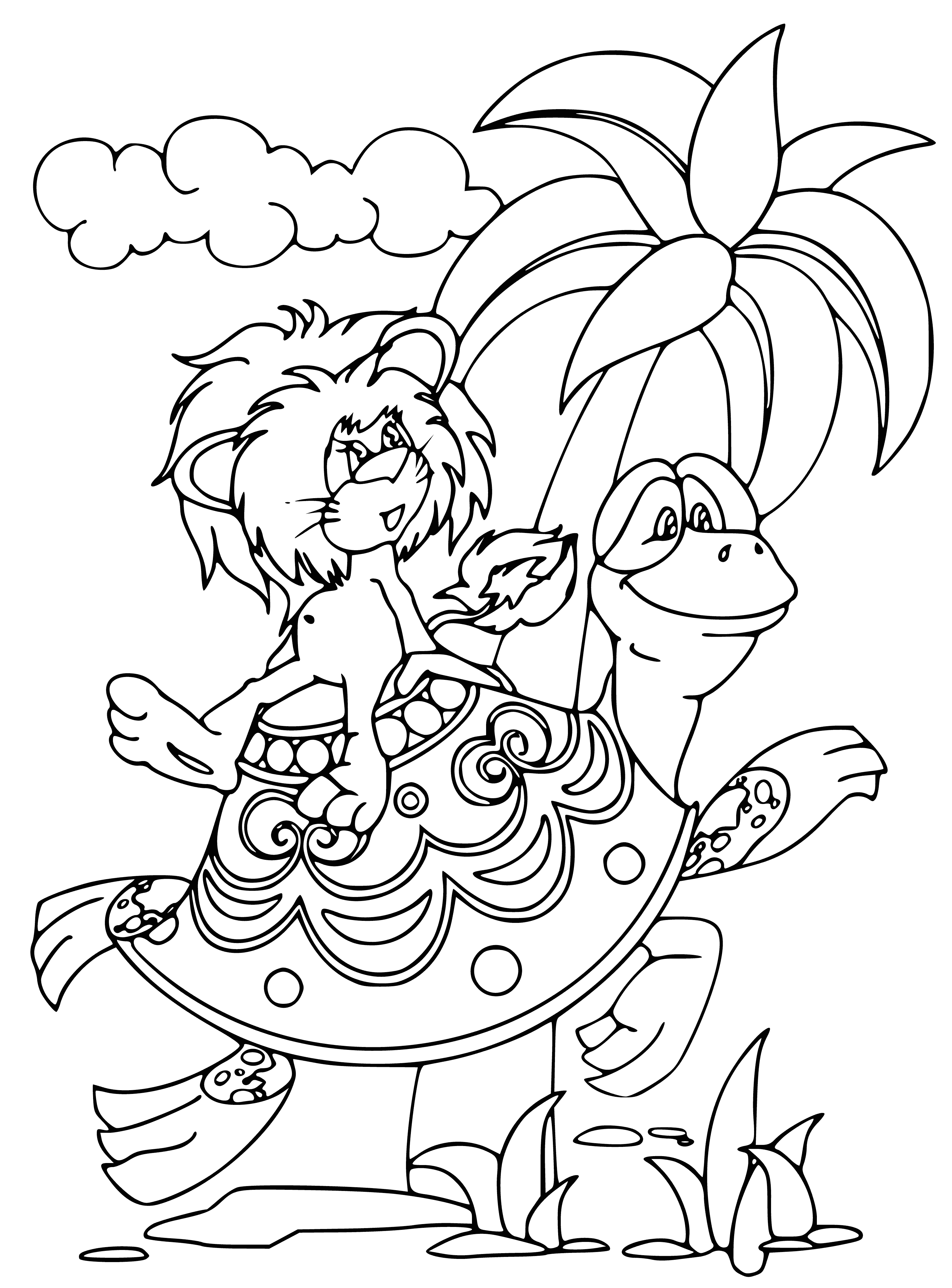 coloring page: Lion and turtle sing happily, eyes closed, in a grassy meadow with trees.