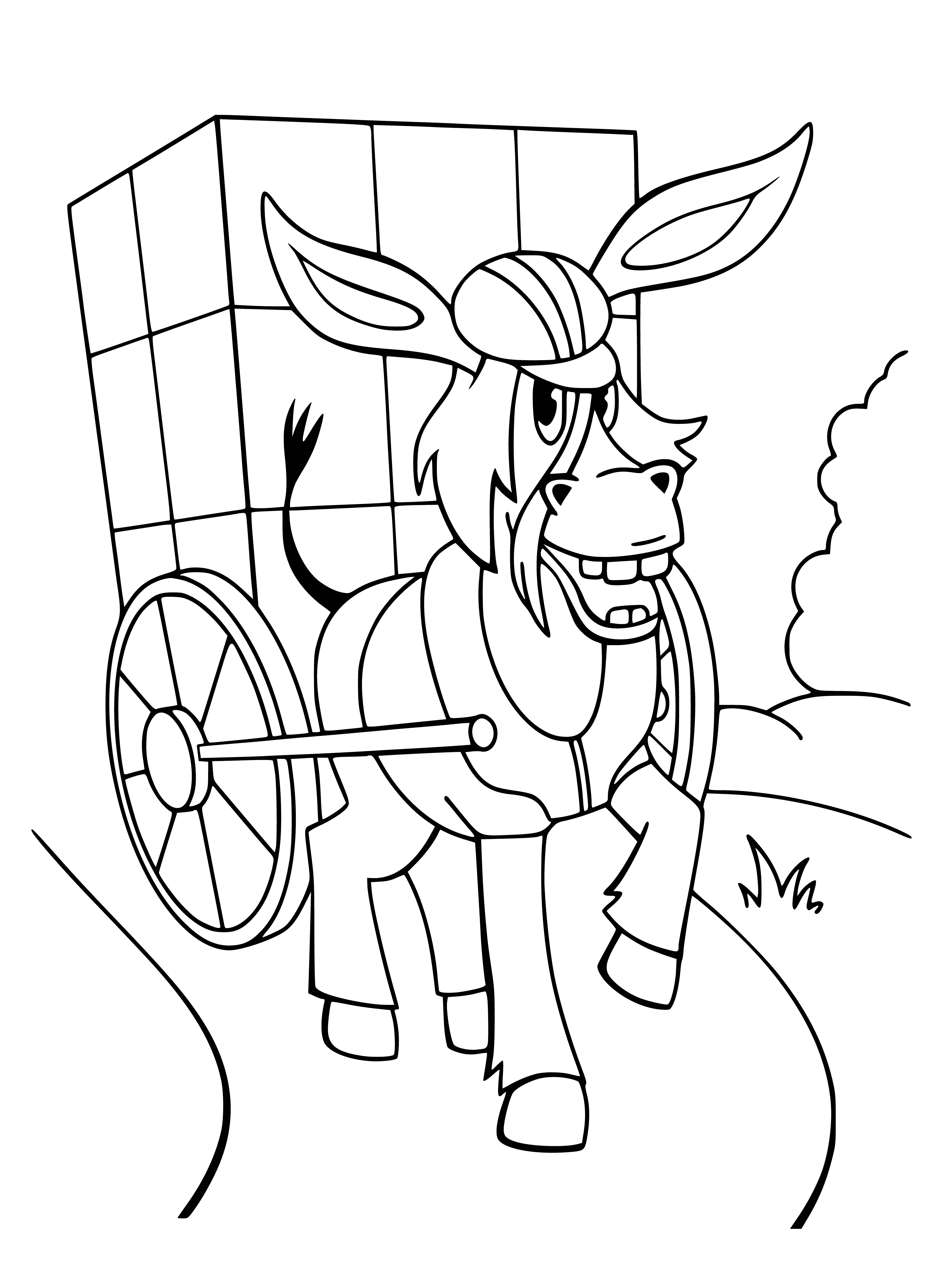 coloring page: Donkey wearing a red scarf stands in a road looking toward a town, surrounded by houses and trees.