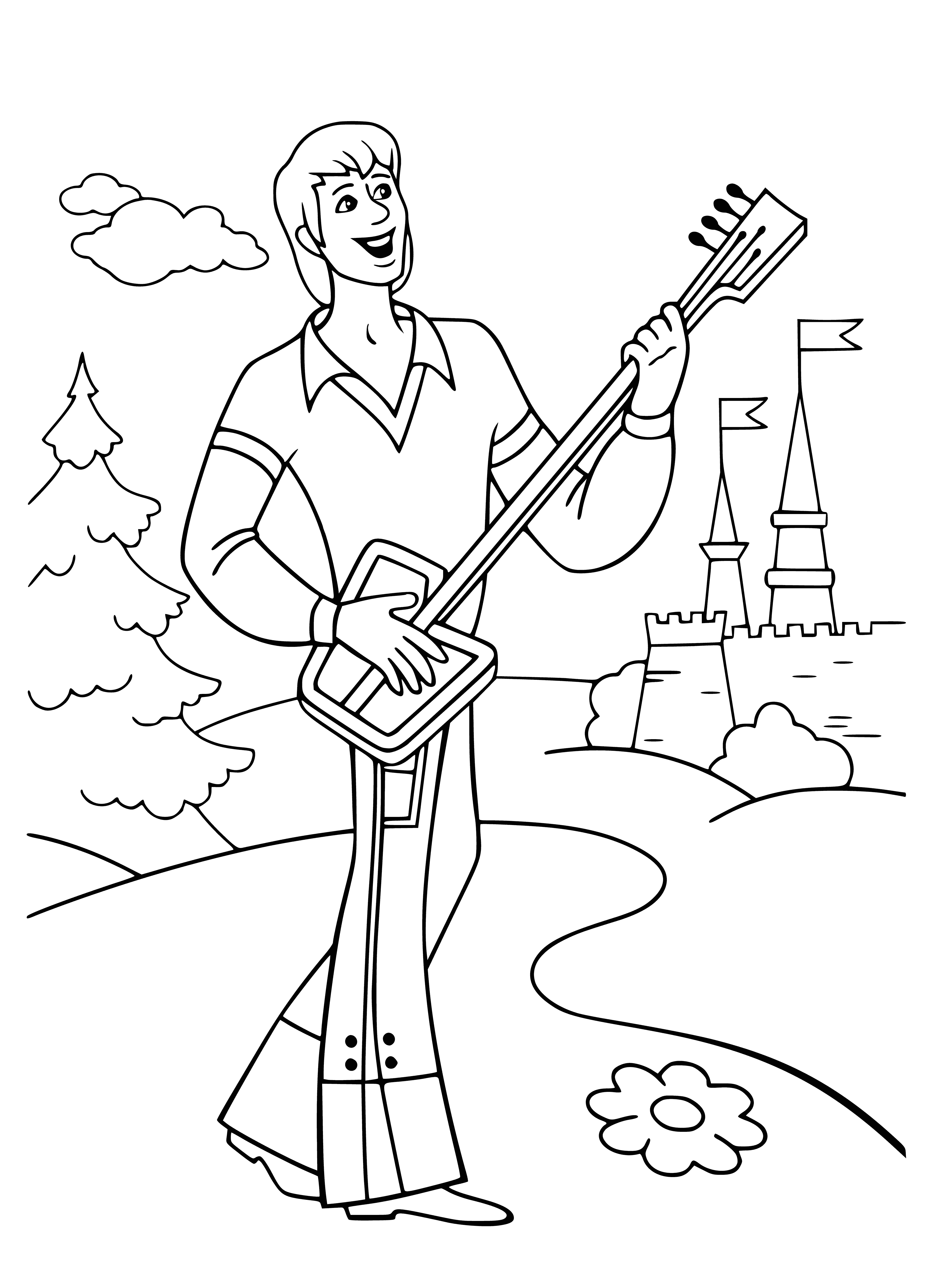 coloring page: The Troubadour leads a lively band of animals - a donkey, dog, cat and rooster - playing instruments and singing.