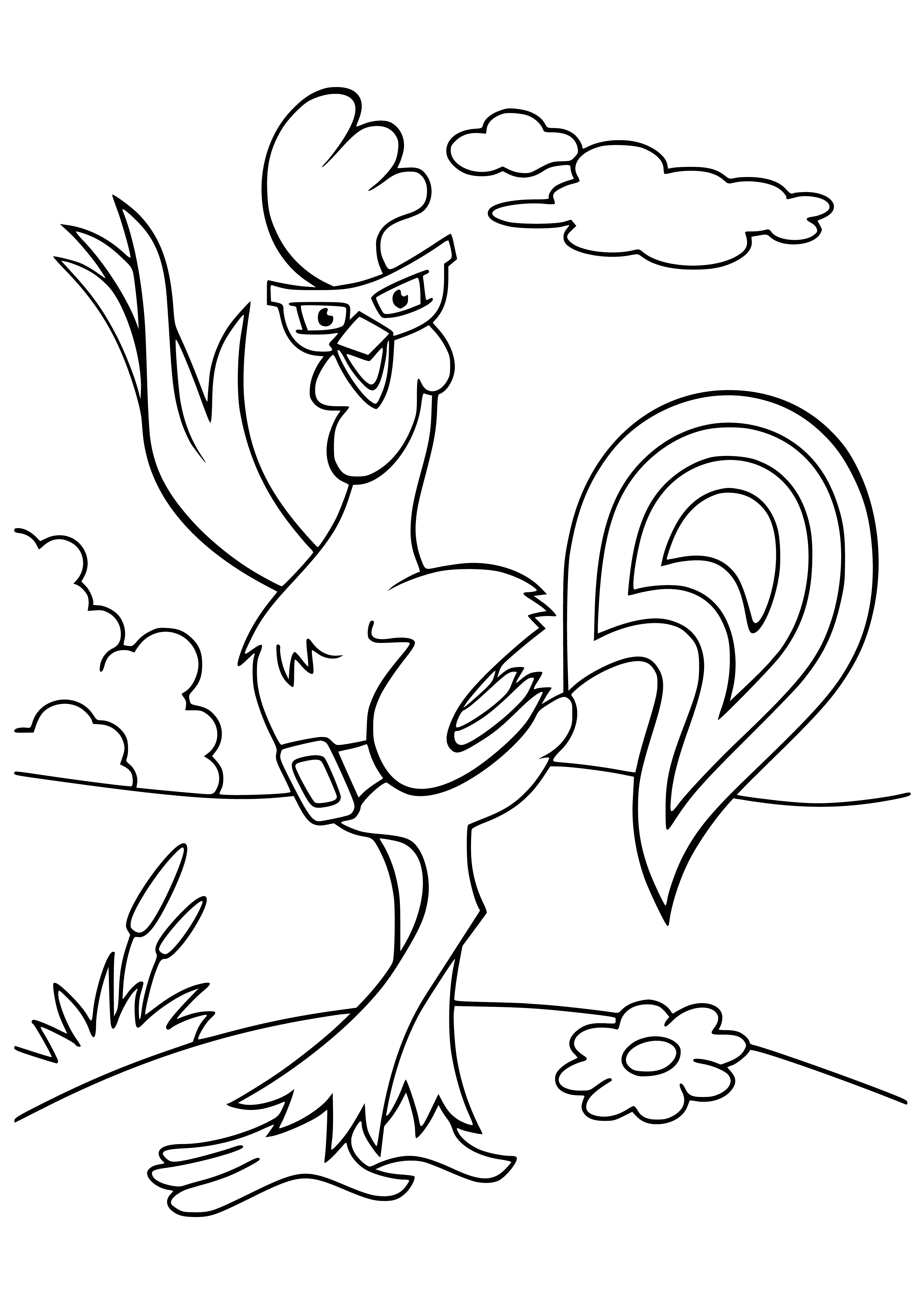 coloring page: Rooster on a fence post surveys town as if king, with deep black plumage, sharp claws and bright, piercing eyes.