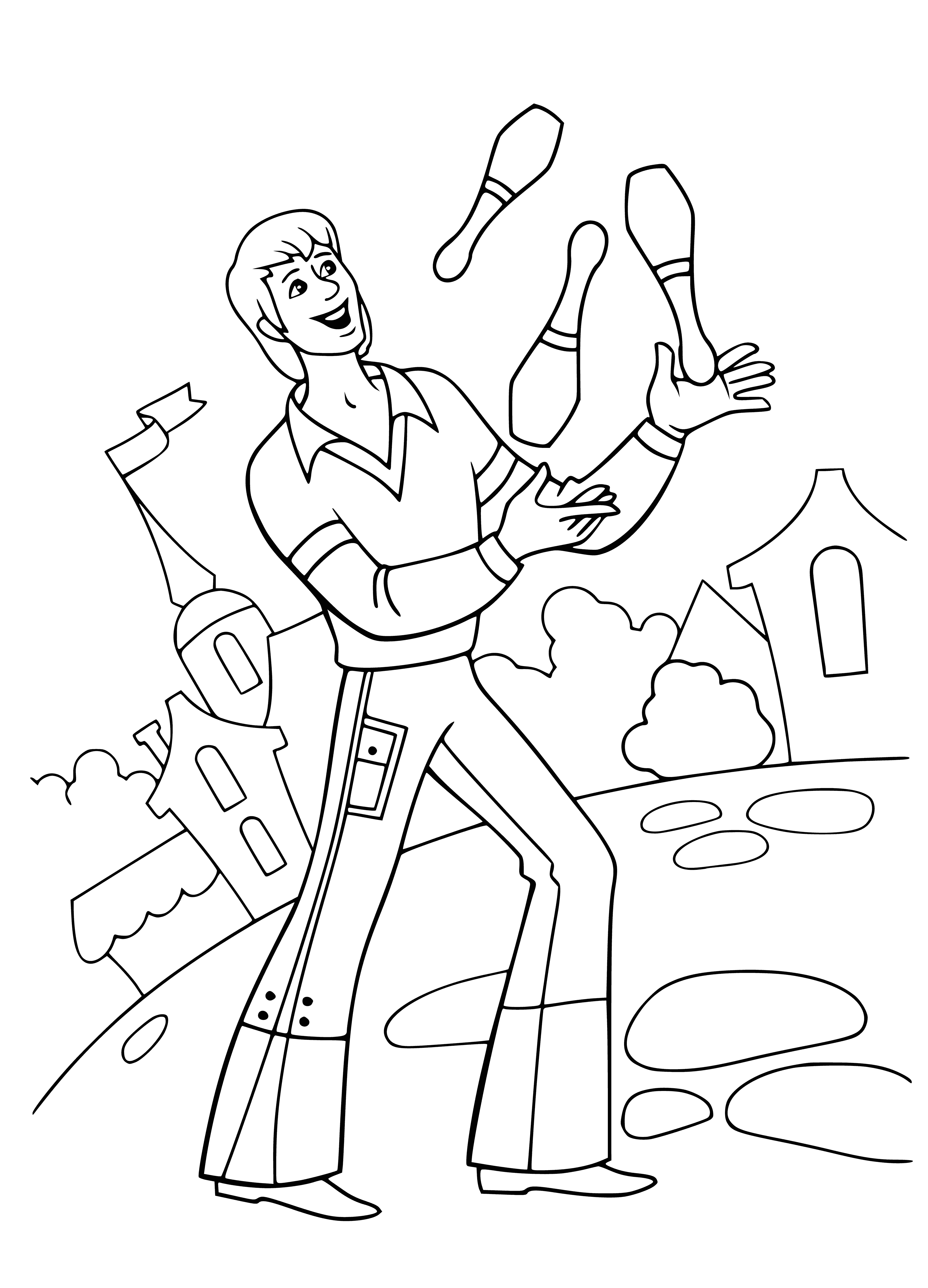 coloring page: 5 animals on a dirt road looking left - donkey, dog, cat, cock, and bass - towards a town in the distance.
