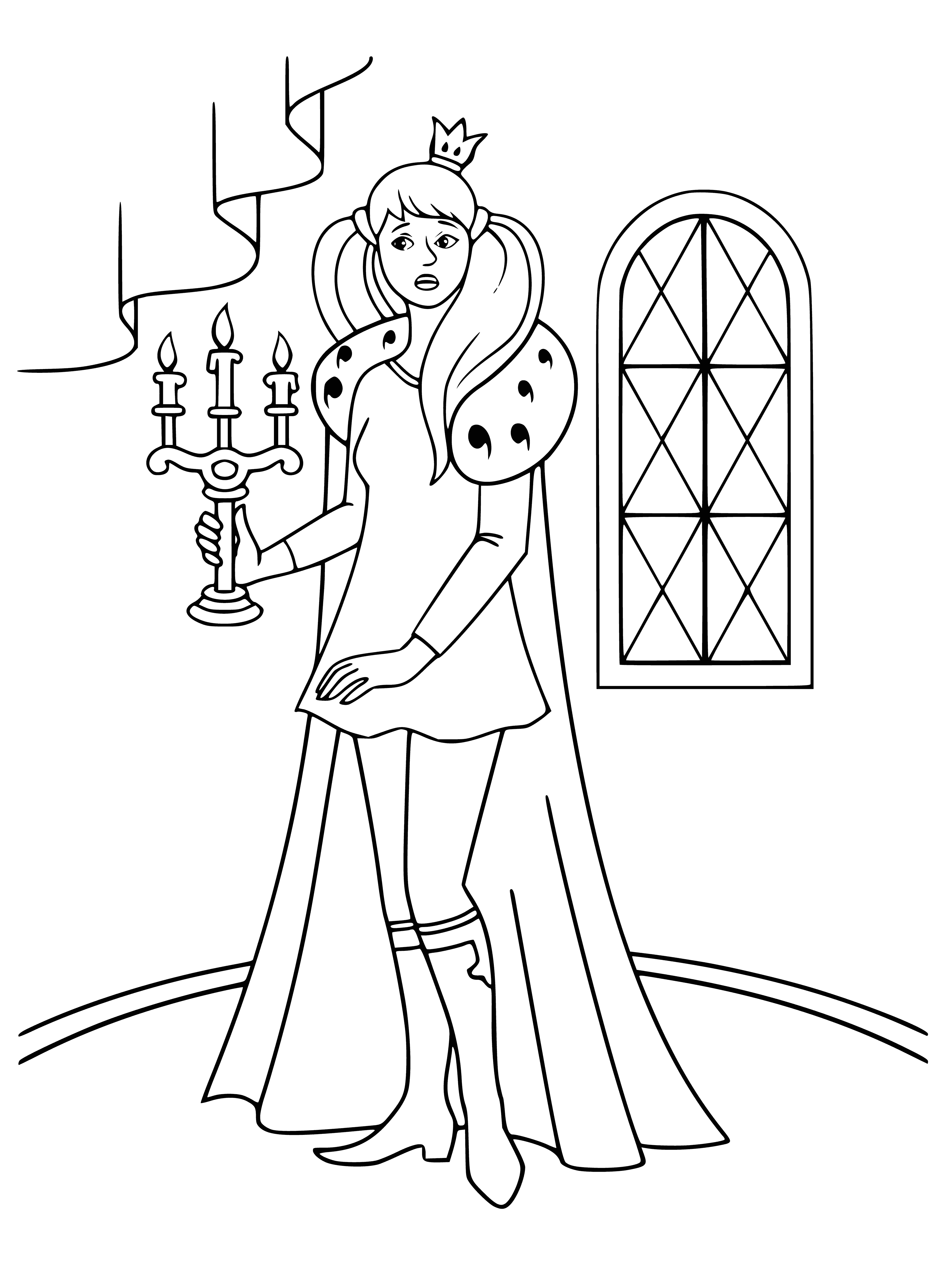coloring page: Grieving princess in coloring page wears crown and pink dress, hands clasped in front. She looks sad and lost, eyes red and puffy as if she has been crying.