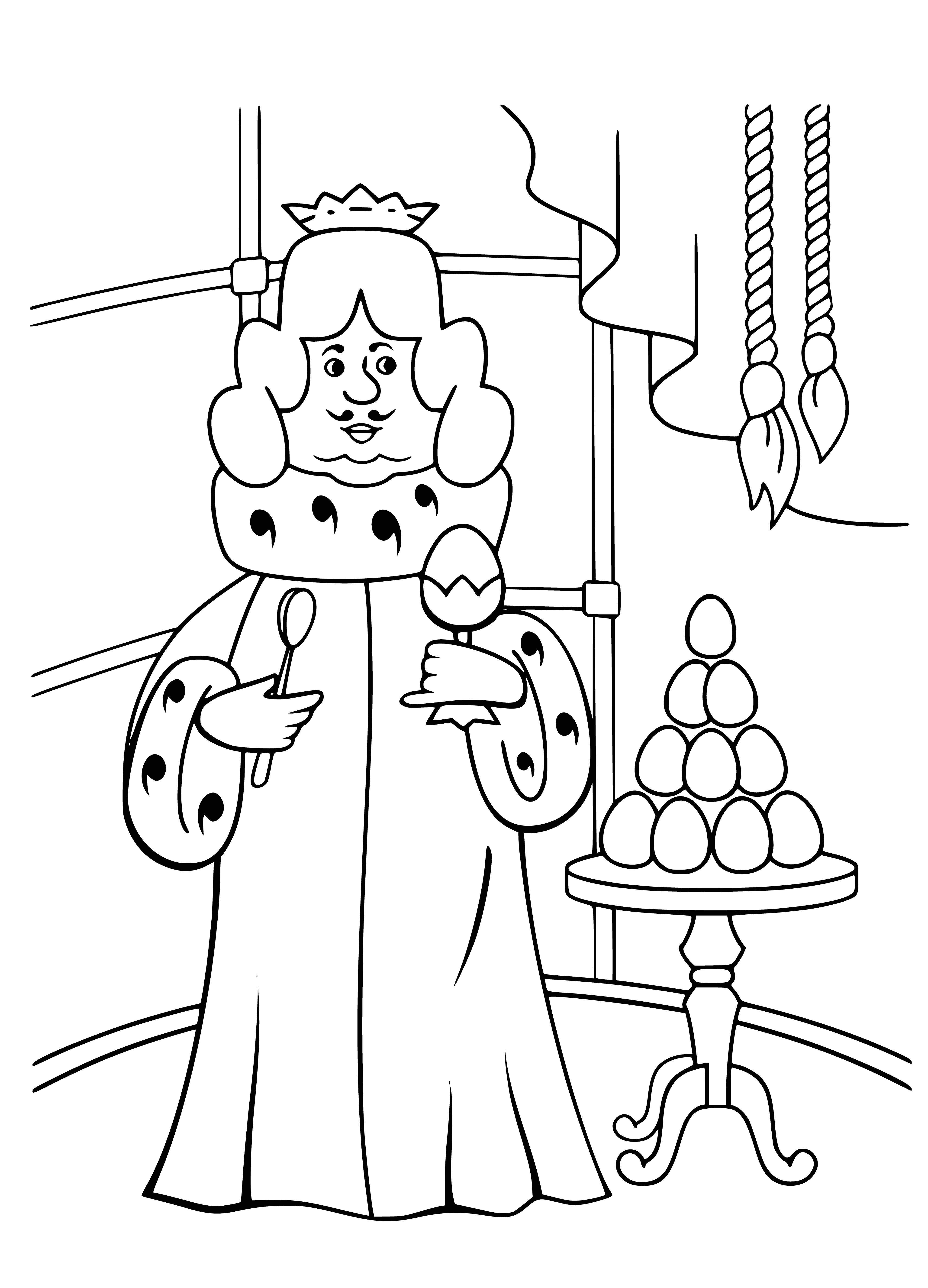 coloring page: King plays guitar, wears gold crown & purple cape while performing on stage. A crowd watches. #TheBremenTownMusicians