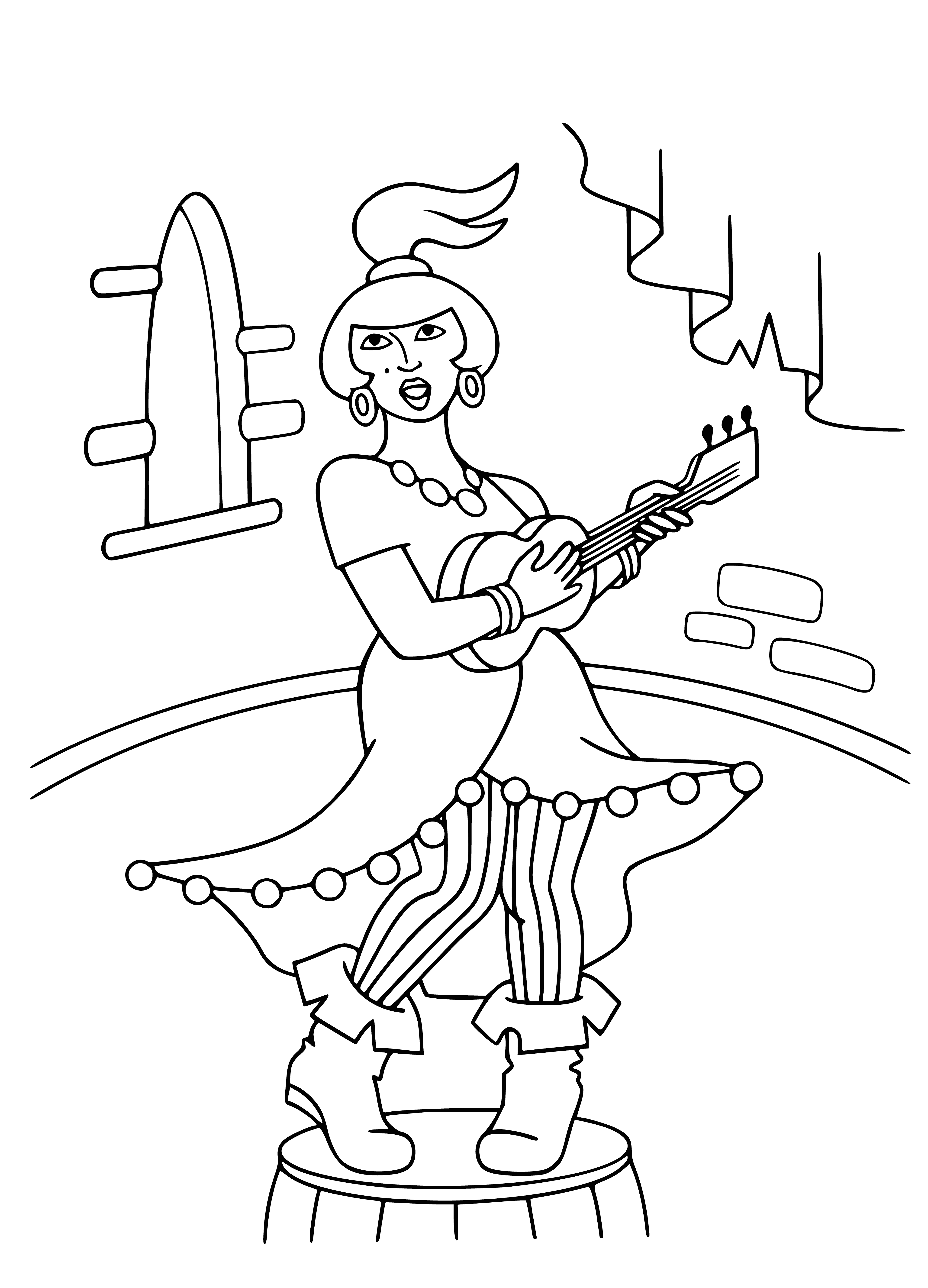 coloring page: Five animals (donkey, dog, cat, rooster, mouse) standing on hind legs, looking left, against city backdrop.