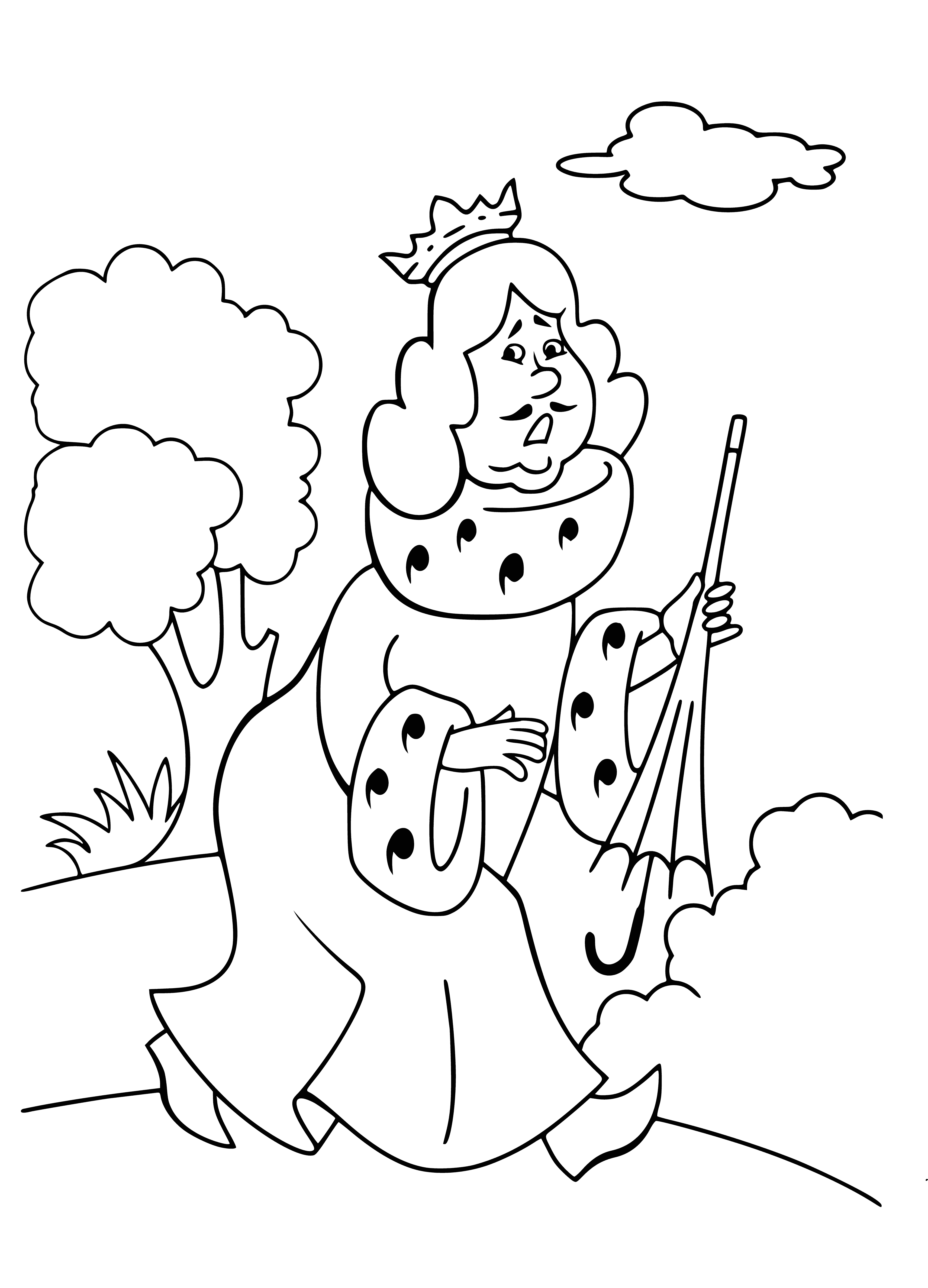 coloring page: King with too-big crown sits on throne playing with drum while musicians: donkey, dog, cat, rooster play instruments, looking happy.