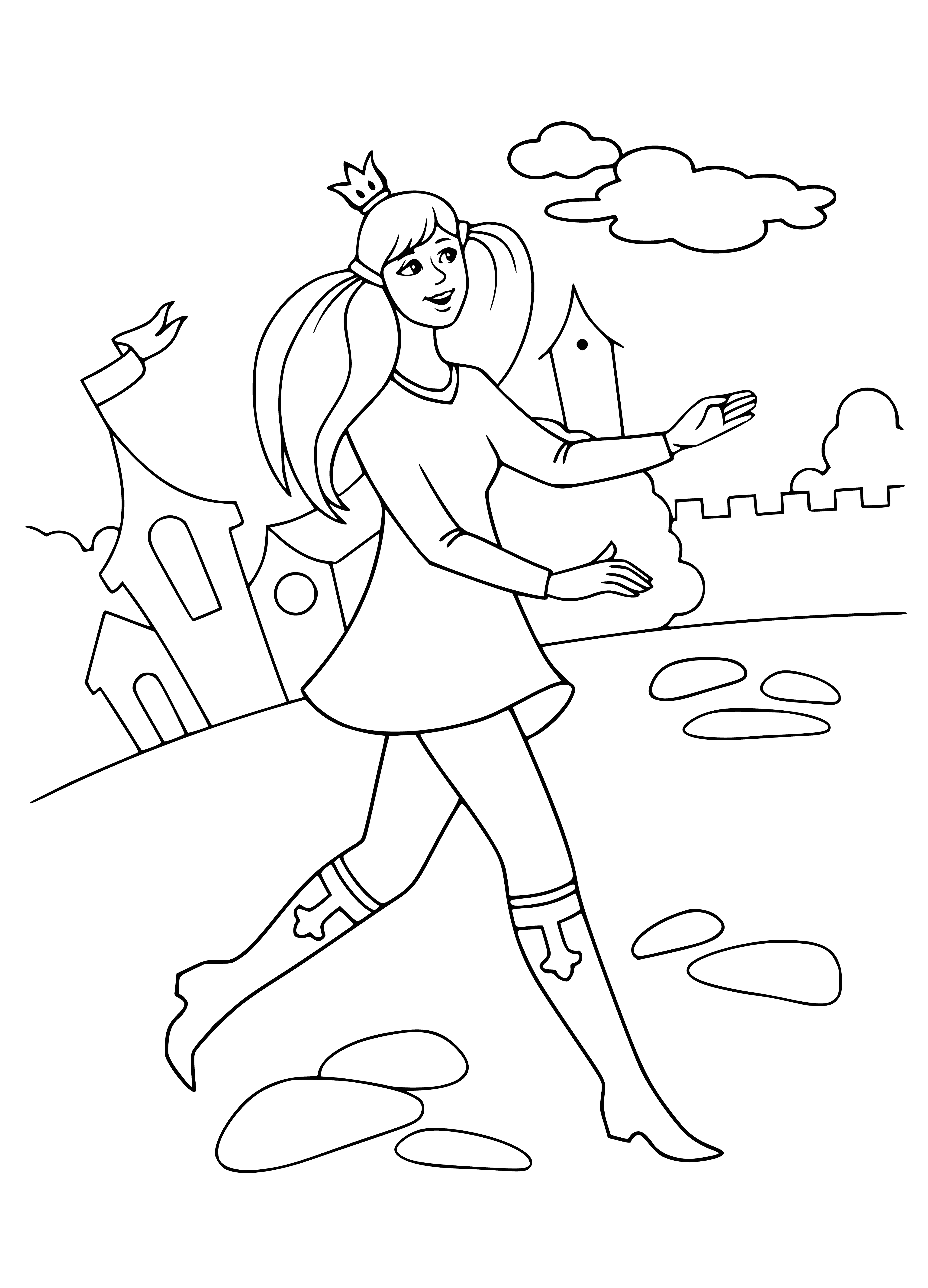 coloring page: Girl in purple polka-dot dress & green cape holds violin, blonde hair w/ pink ribbon. Standing in front of magical castle.