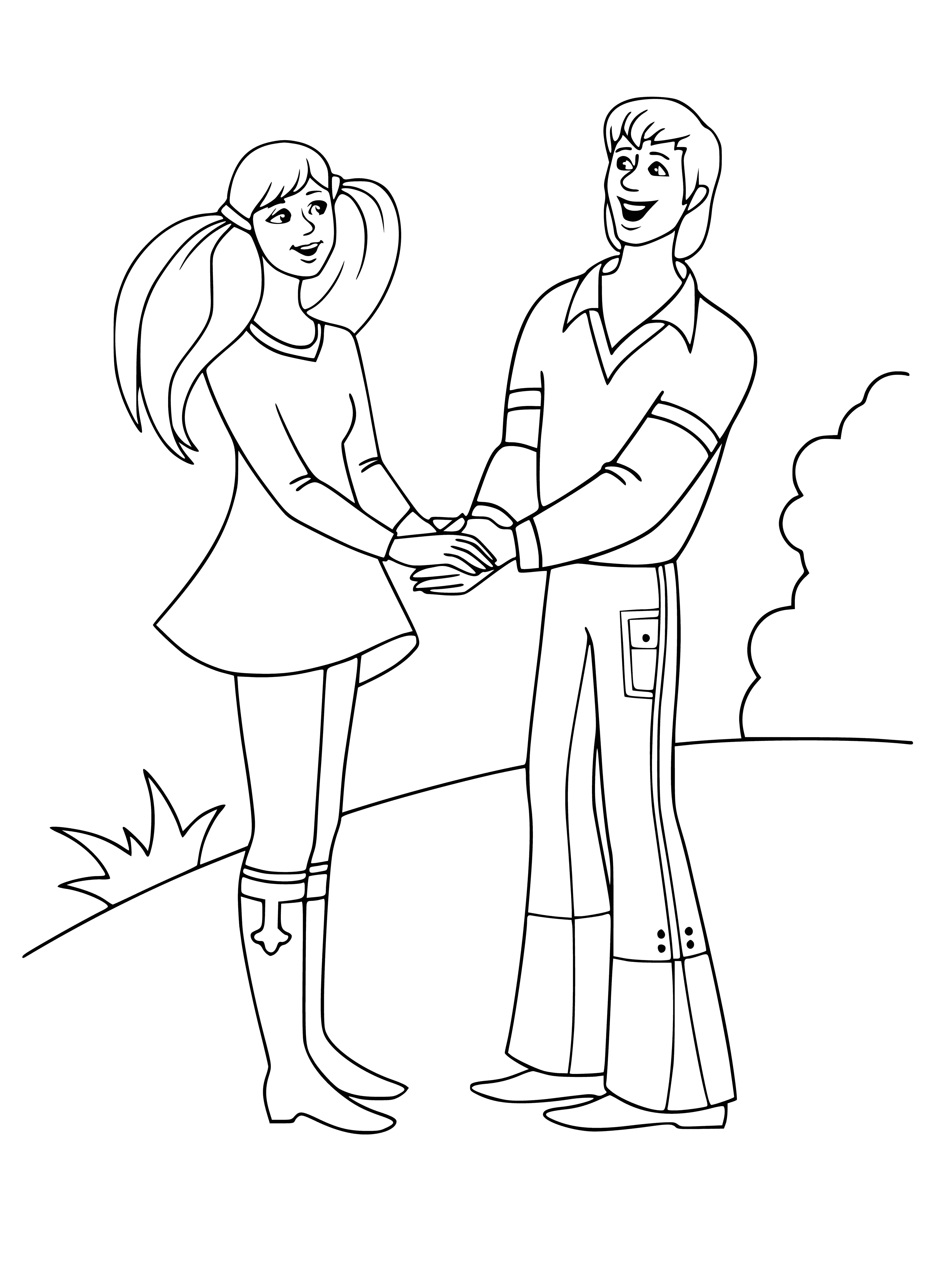 coloring page: Princess & Troubadour play classical & electric music together; both happily creating joyful music.