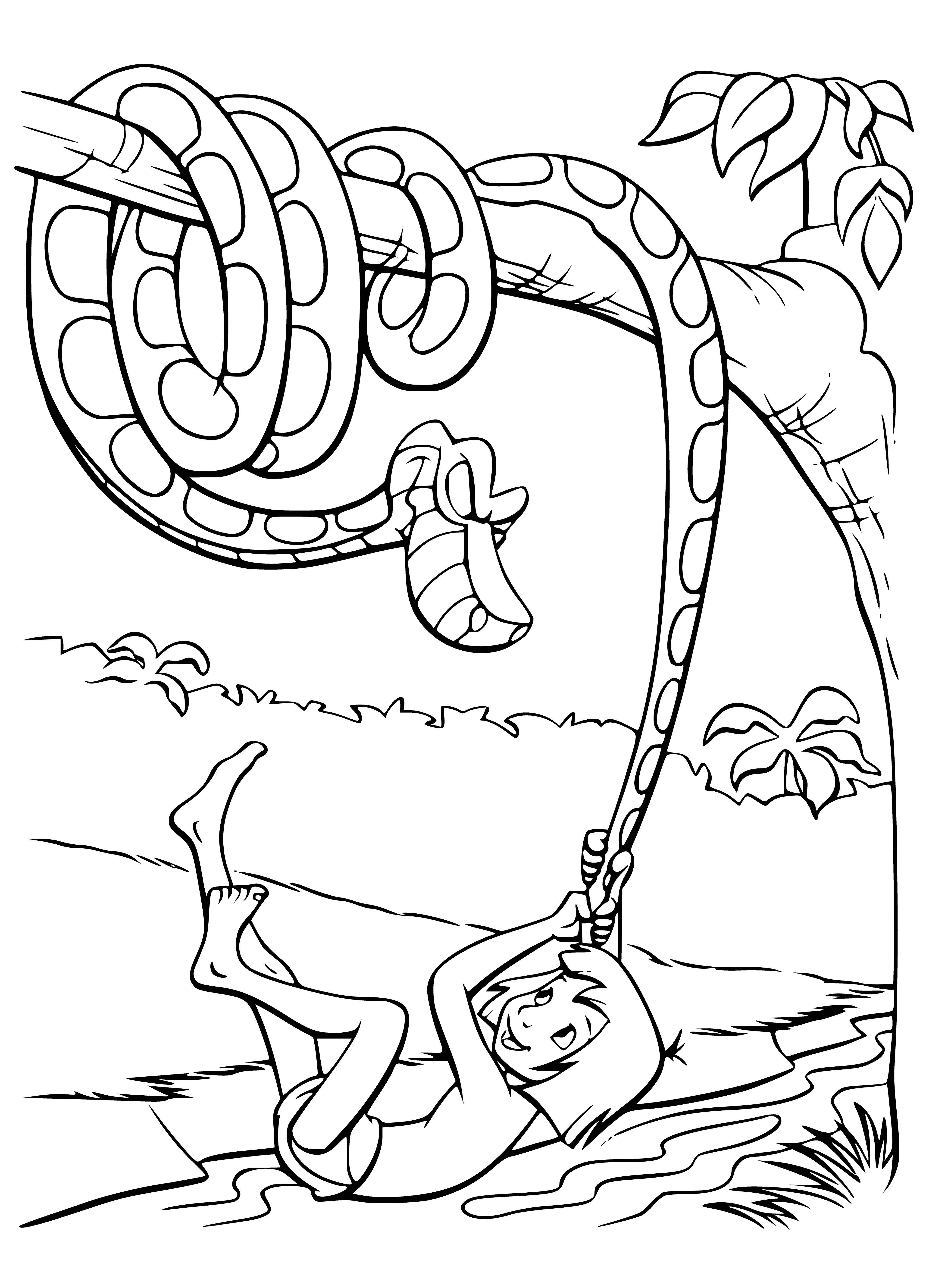 coloring page: Kaa and Mowgli face off: Kaa, a python coiled around a tree, eyes predatory; Mowgli, a small boy, afraid but fascinated, armed with a knife.
