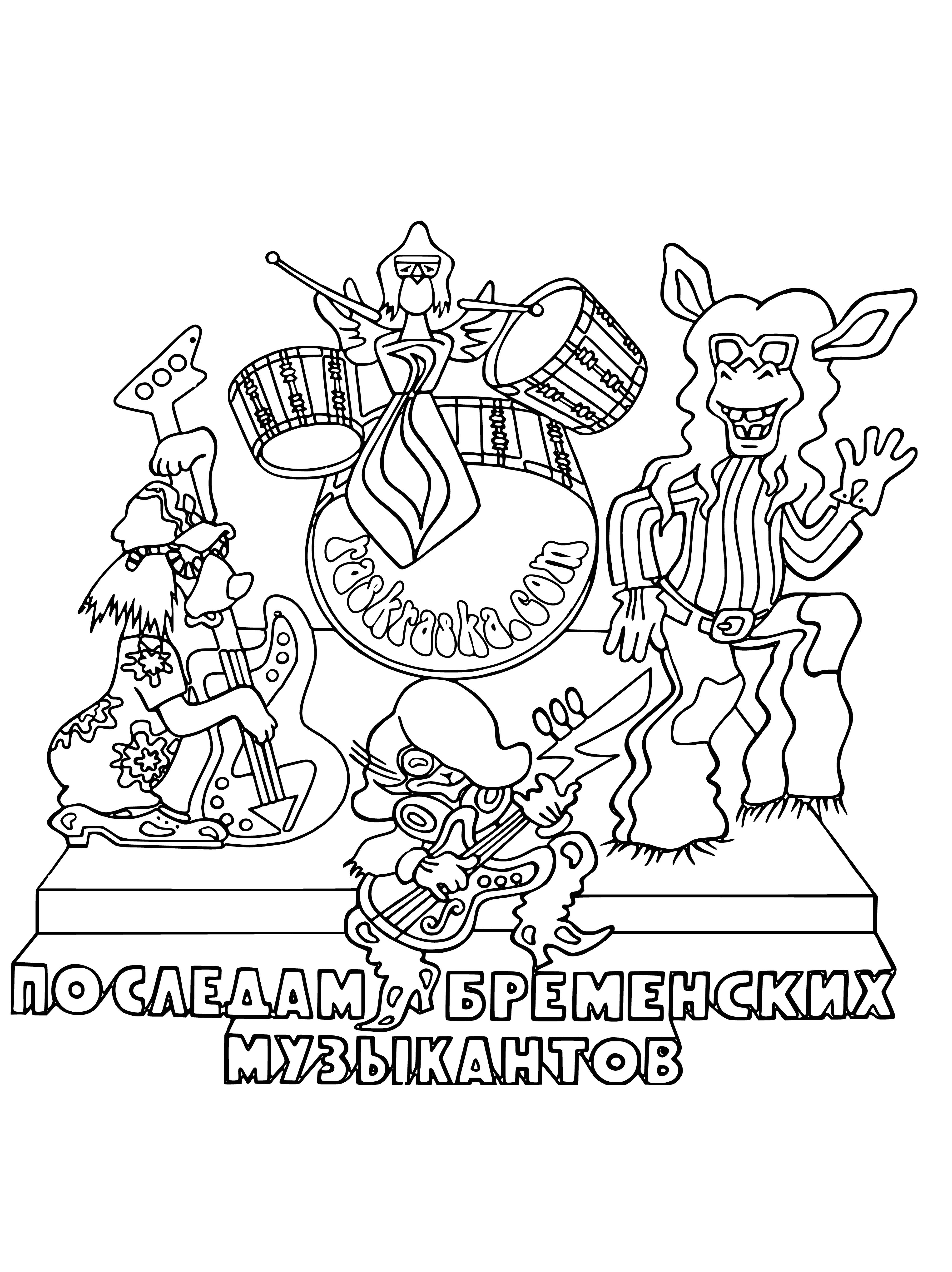 coloring page: 5 animals taking a journey in a line; lead by a donkey they look to the left to a town with trees, blue sky.