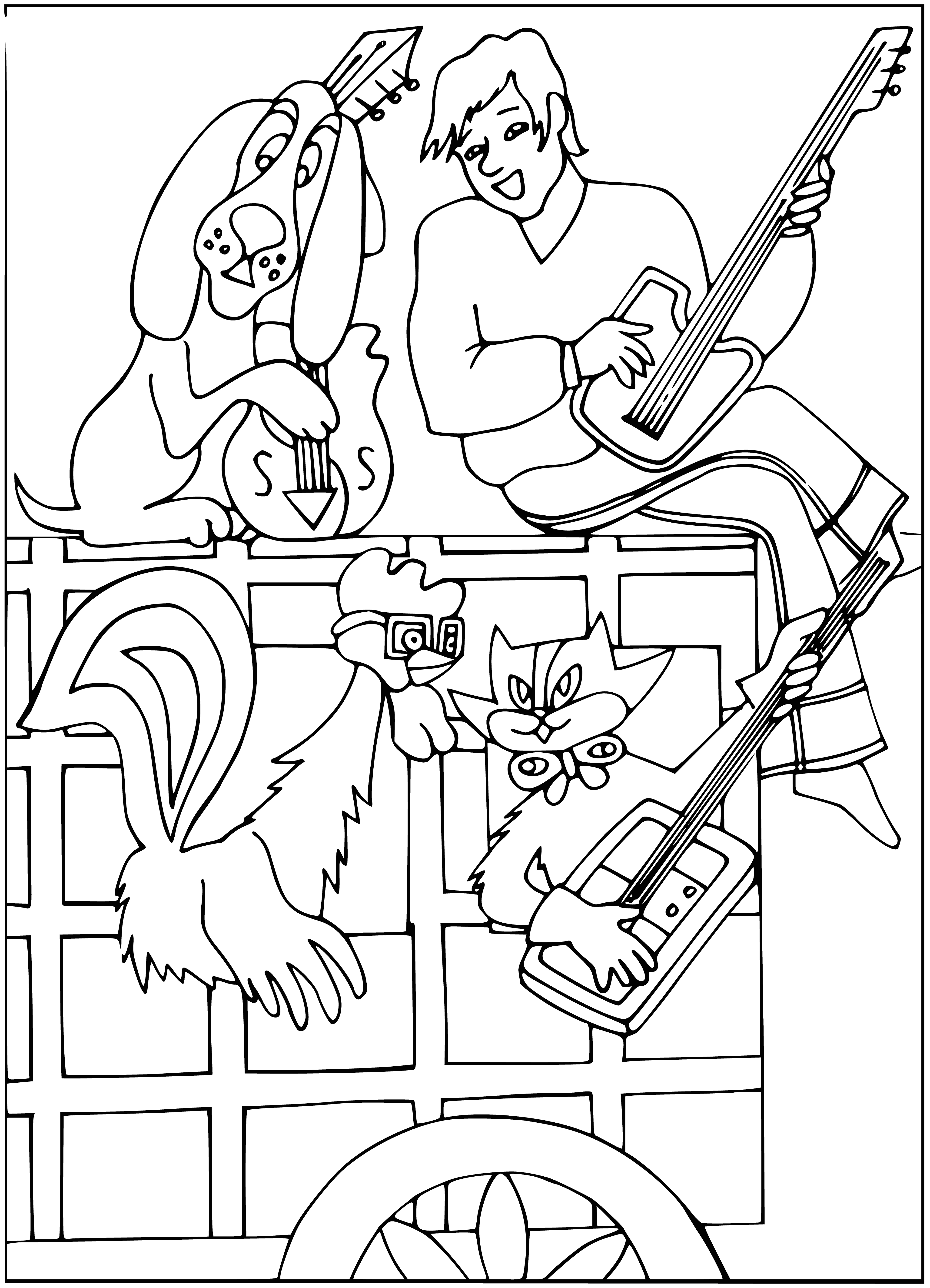 coloring page: 5 animals stand on hind legs looking left, waiting for something. Donkey, dog, cat, rooster, & rat.