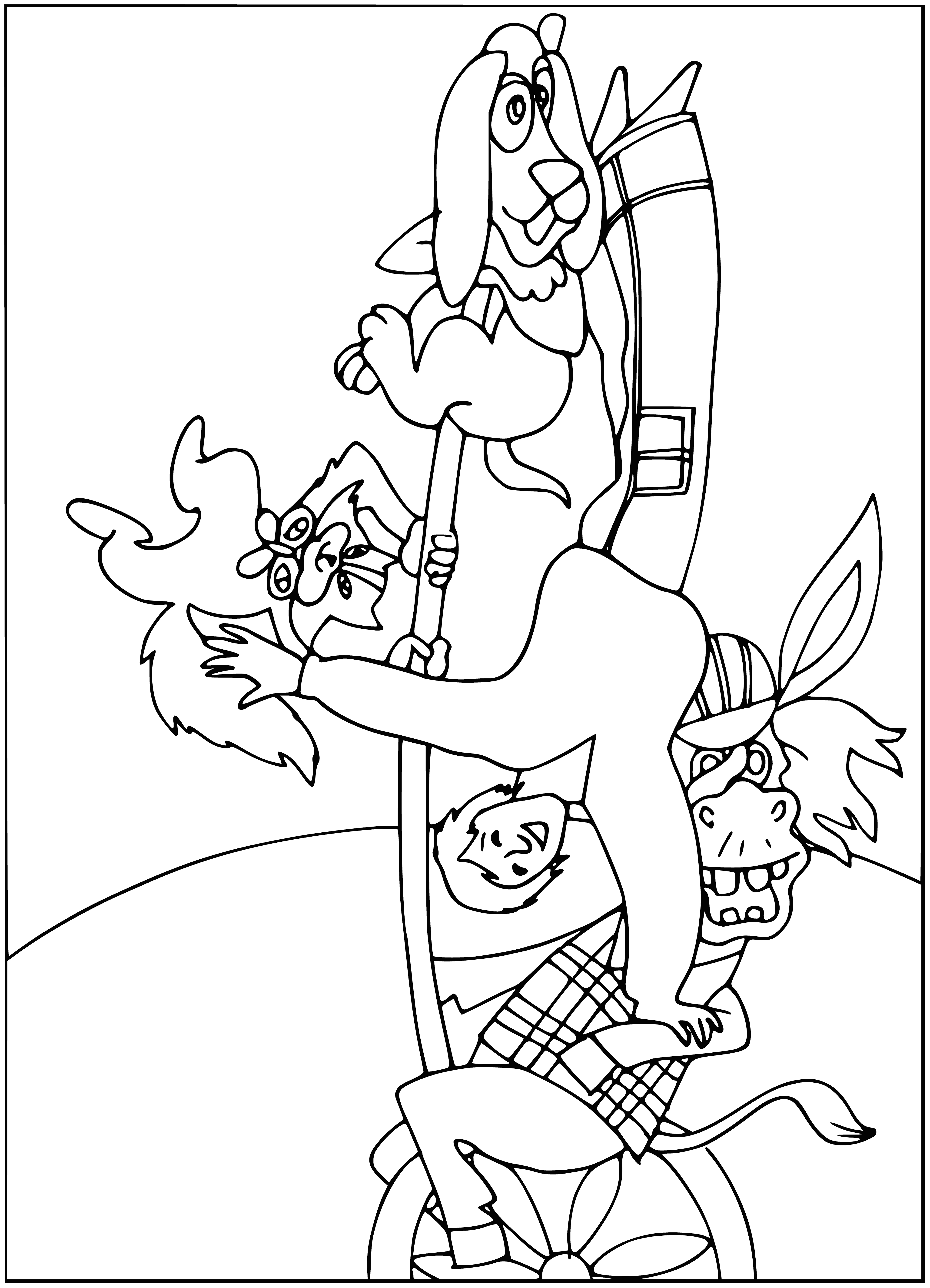 coloring page: Animals enjoy sunbathing on the steps of a pyramid: donkey, dog, cat, and rooster.