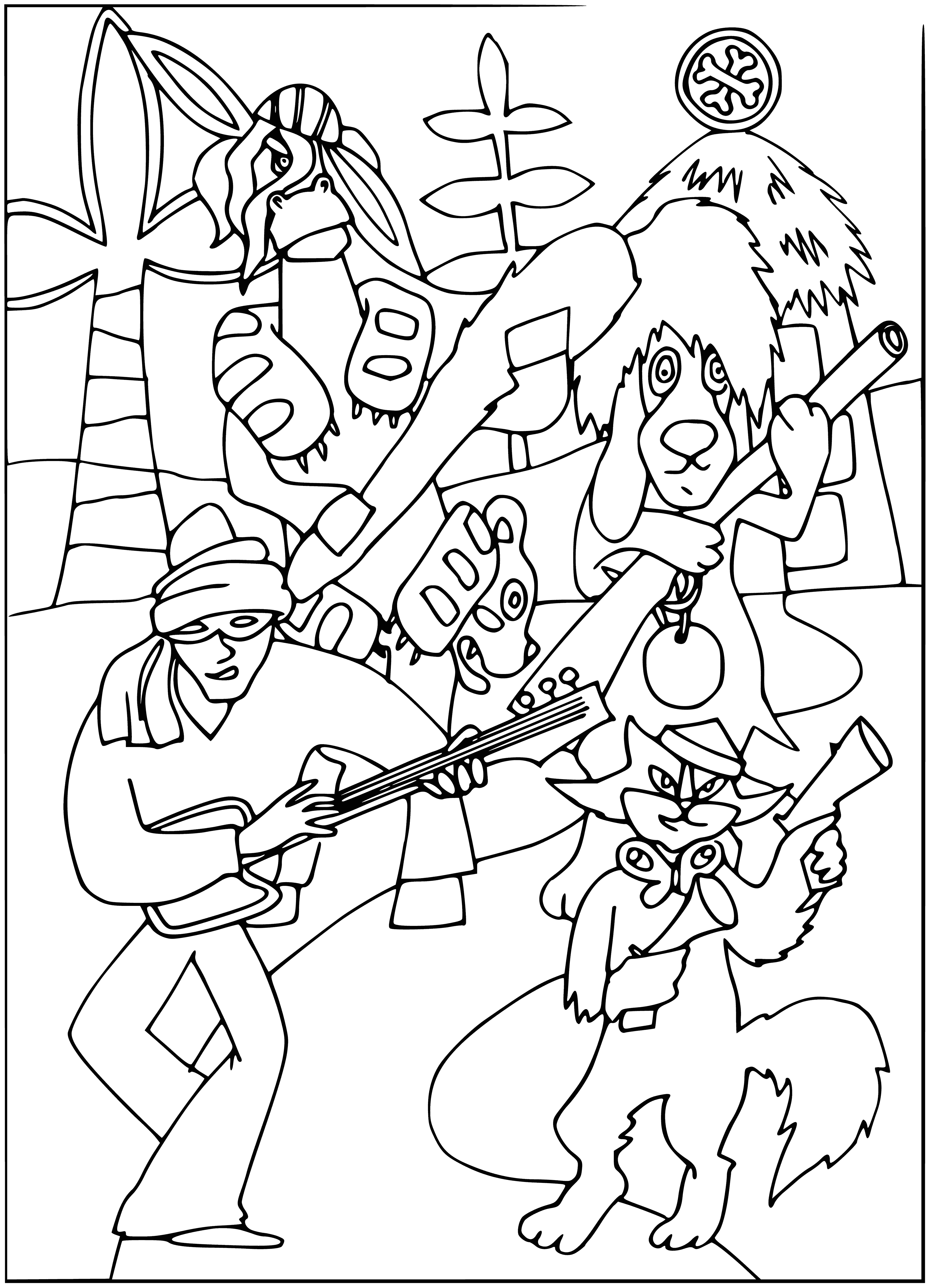 coloring page: Four animals form a band: donkey plays mandolin, dog plays fiddle, cat plays cymbal & rooster plays guitar, all w/ bandanas tied around their necks.
