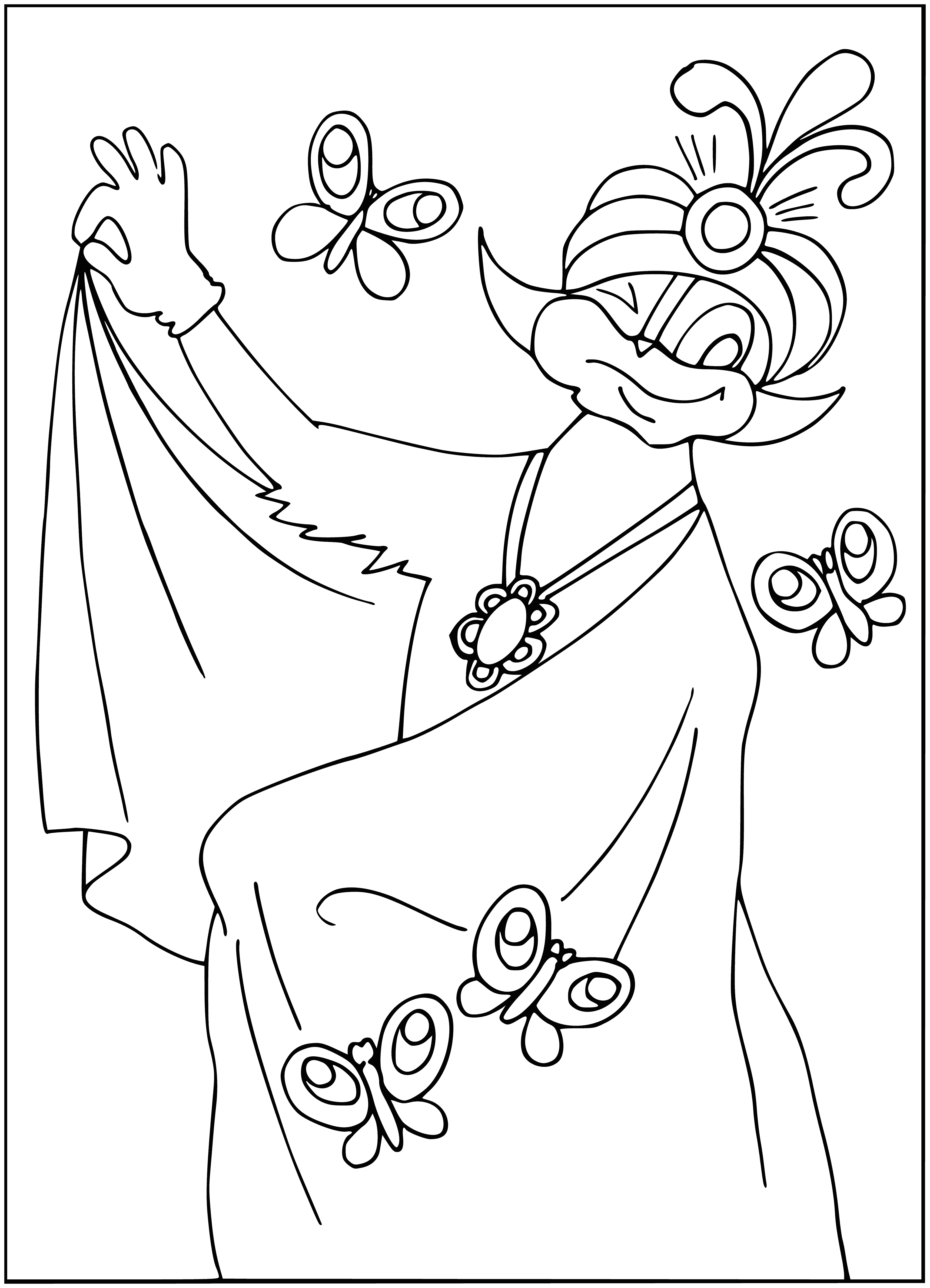 coloring page: A man in a purple robe stands with four animals - a donkey, dog, cat, & rooster - staff in right hand, white beard, pointy hat. Eyes closed, smiling.