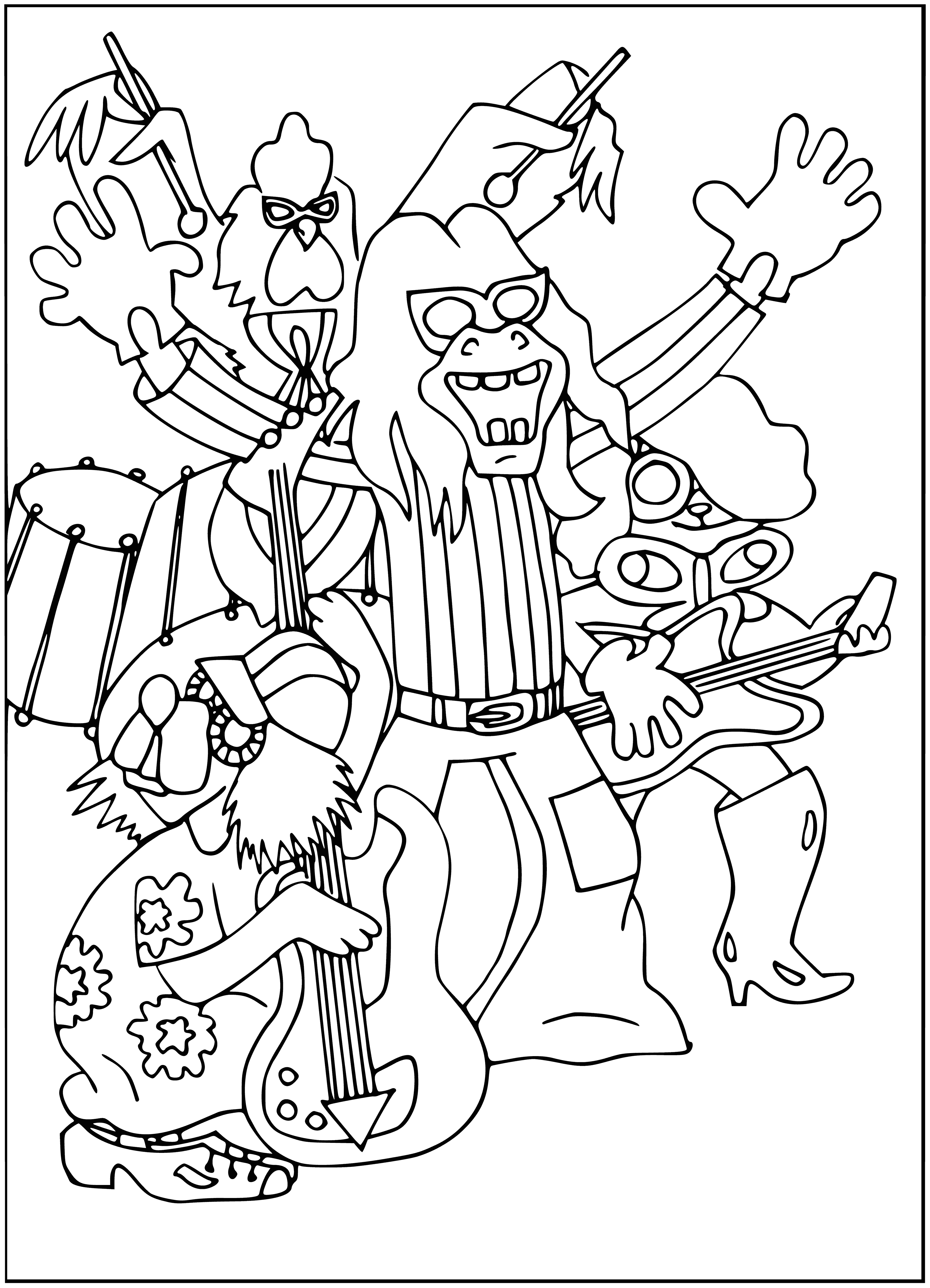 coloring page: Musical animals performing on stage: dog on drums, cat on guitar, rooster on keys, & donkey on sax. Adorably dressed, audience claps & cheers.