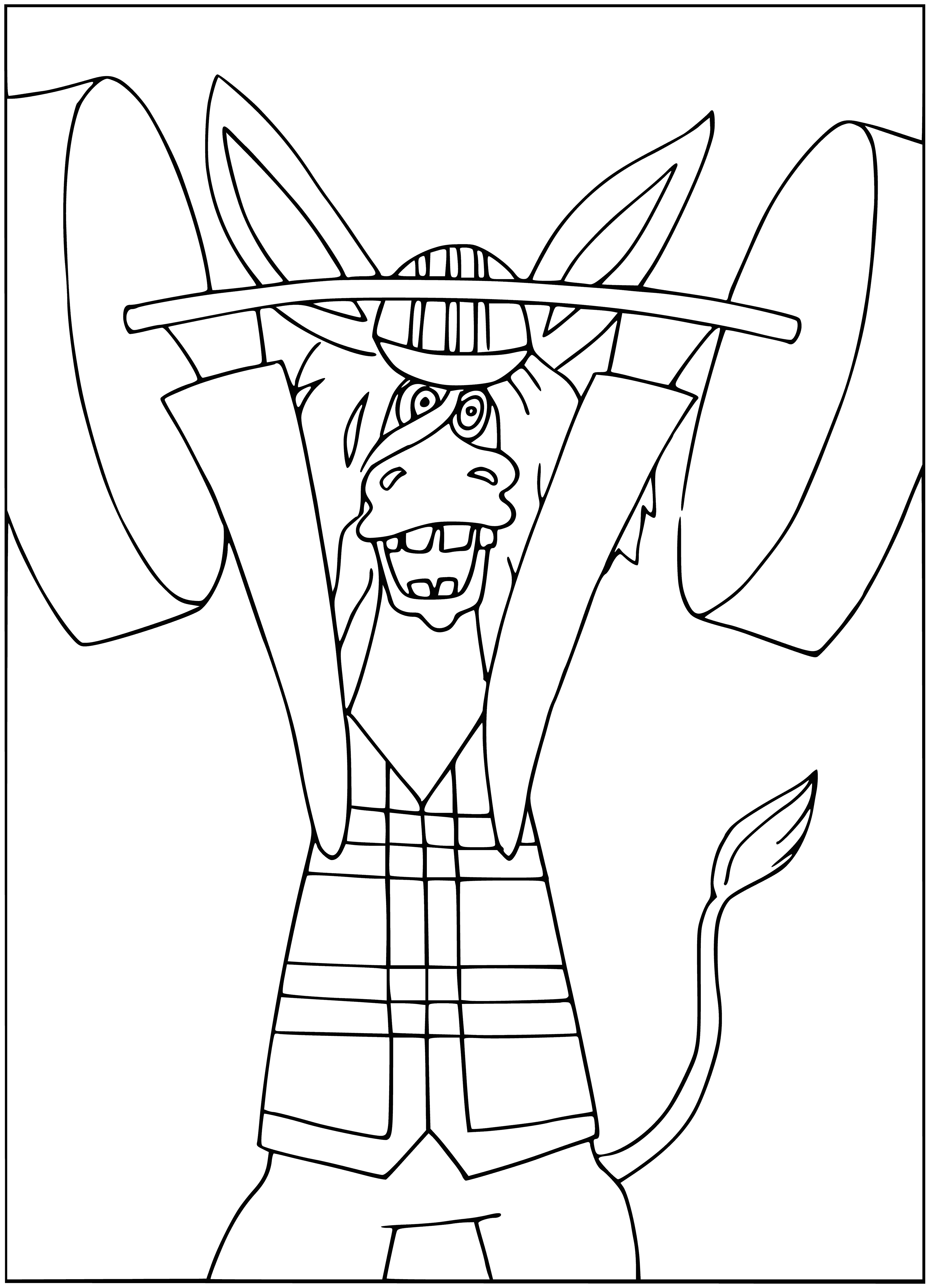 coloring page: A donkey stands in a rural setting, long ears, black mane/tail, light brown coat, wearing a bridle with metal bit.
