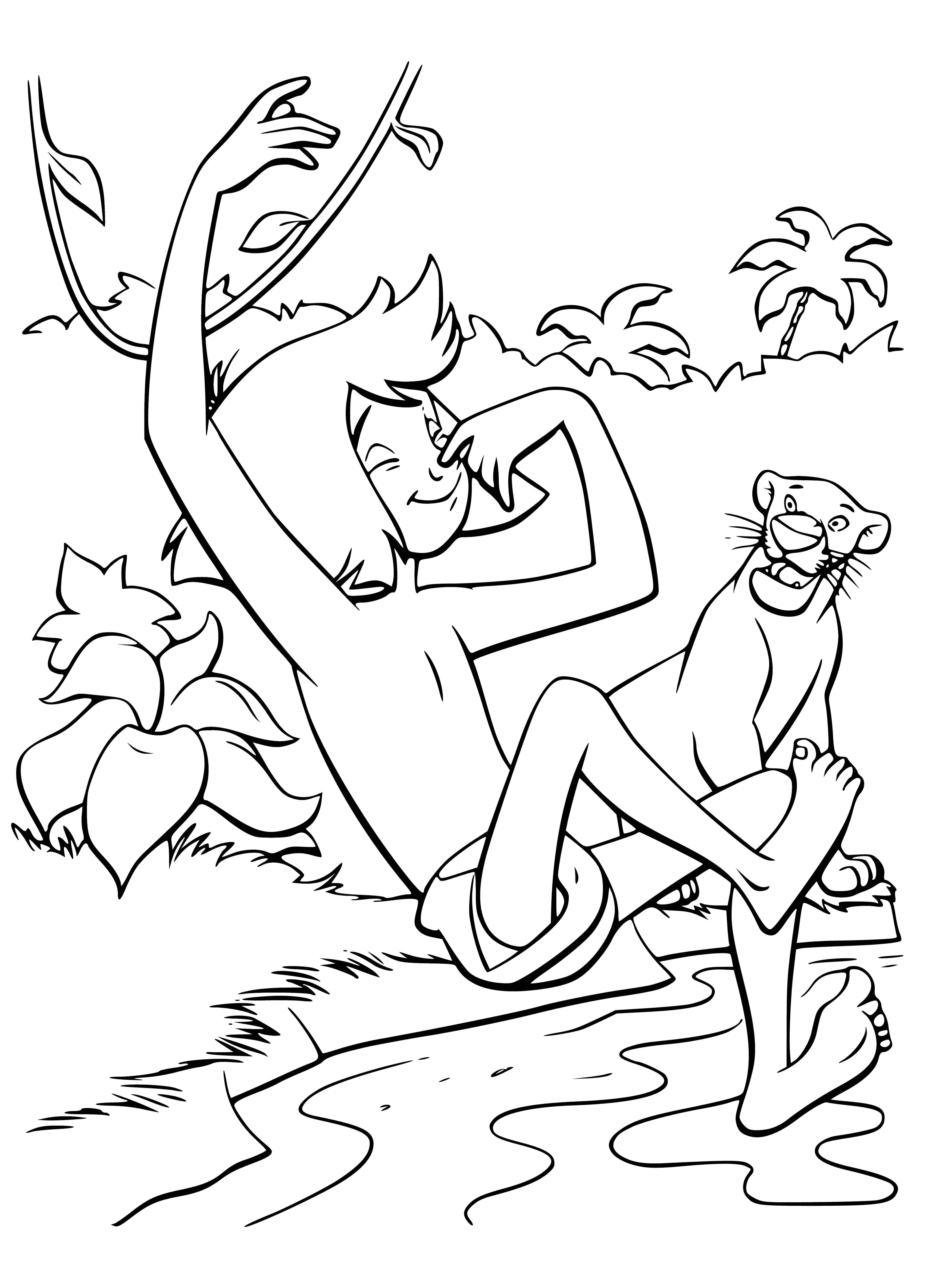 coloring page: Mowgli dives off a cliff into a river, wearing a loincloth, with a knife in his teeth and wild hair. Ready to make the plunge!