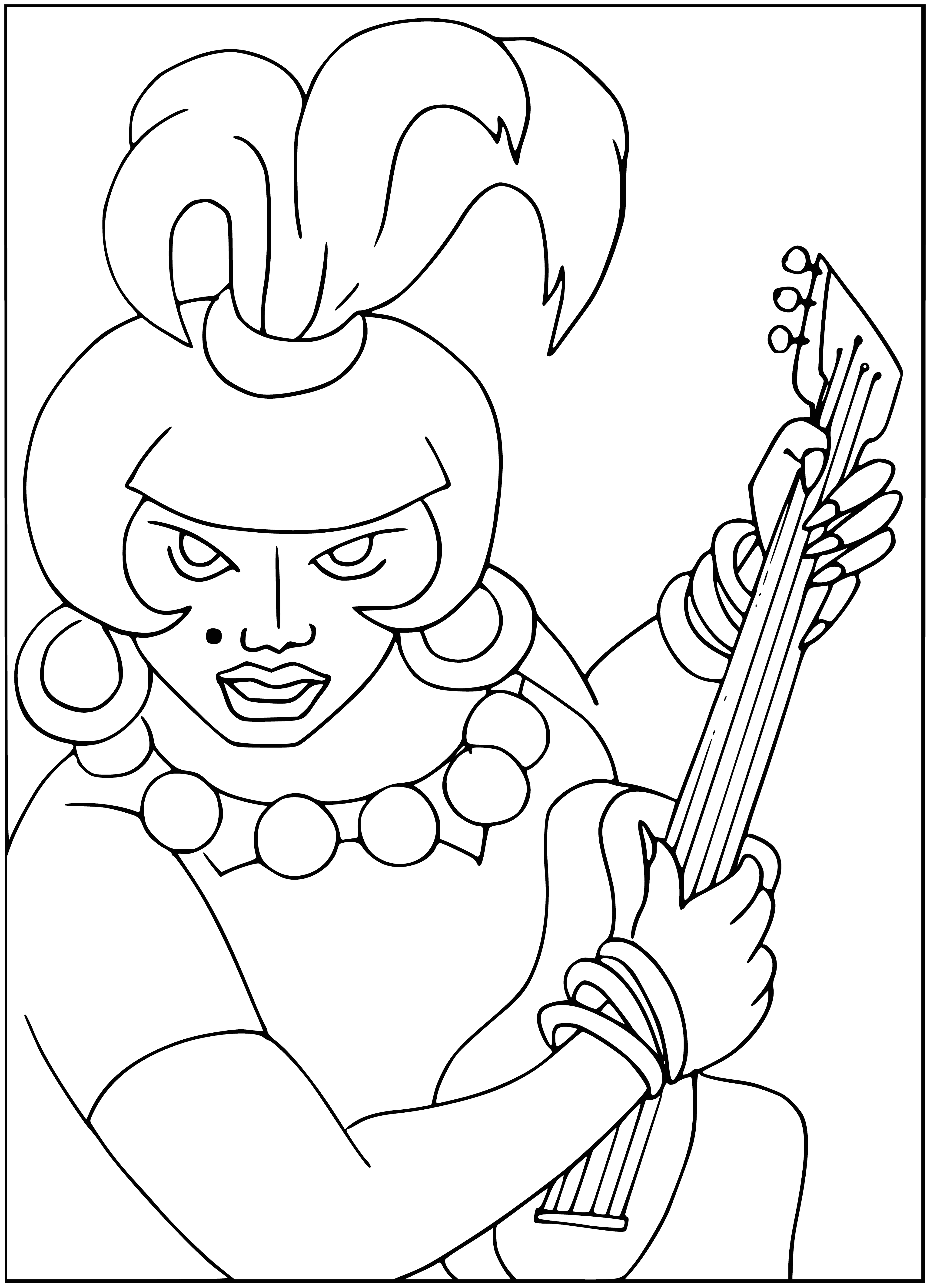 coloring page: Four animals line up playing instruments: donkey with a satchel, dog with a fiddle, cat with bagpipes and rooster with cymbals. Behind them a brick house smokes.
