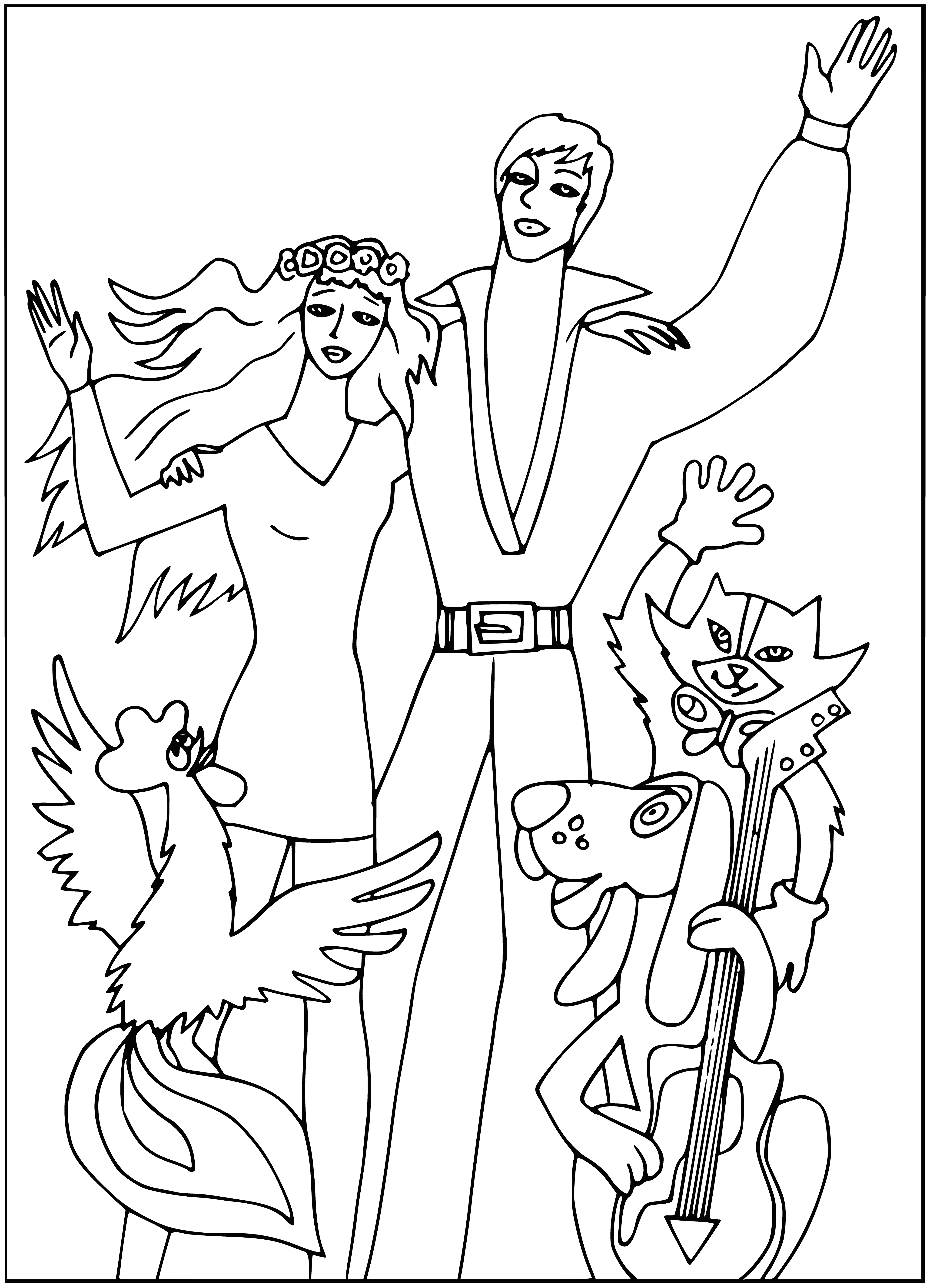 coloring page: Four happy animals cozy together in the stable: a donkey, dog, cat, and rooster.