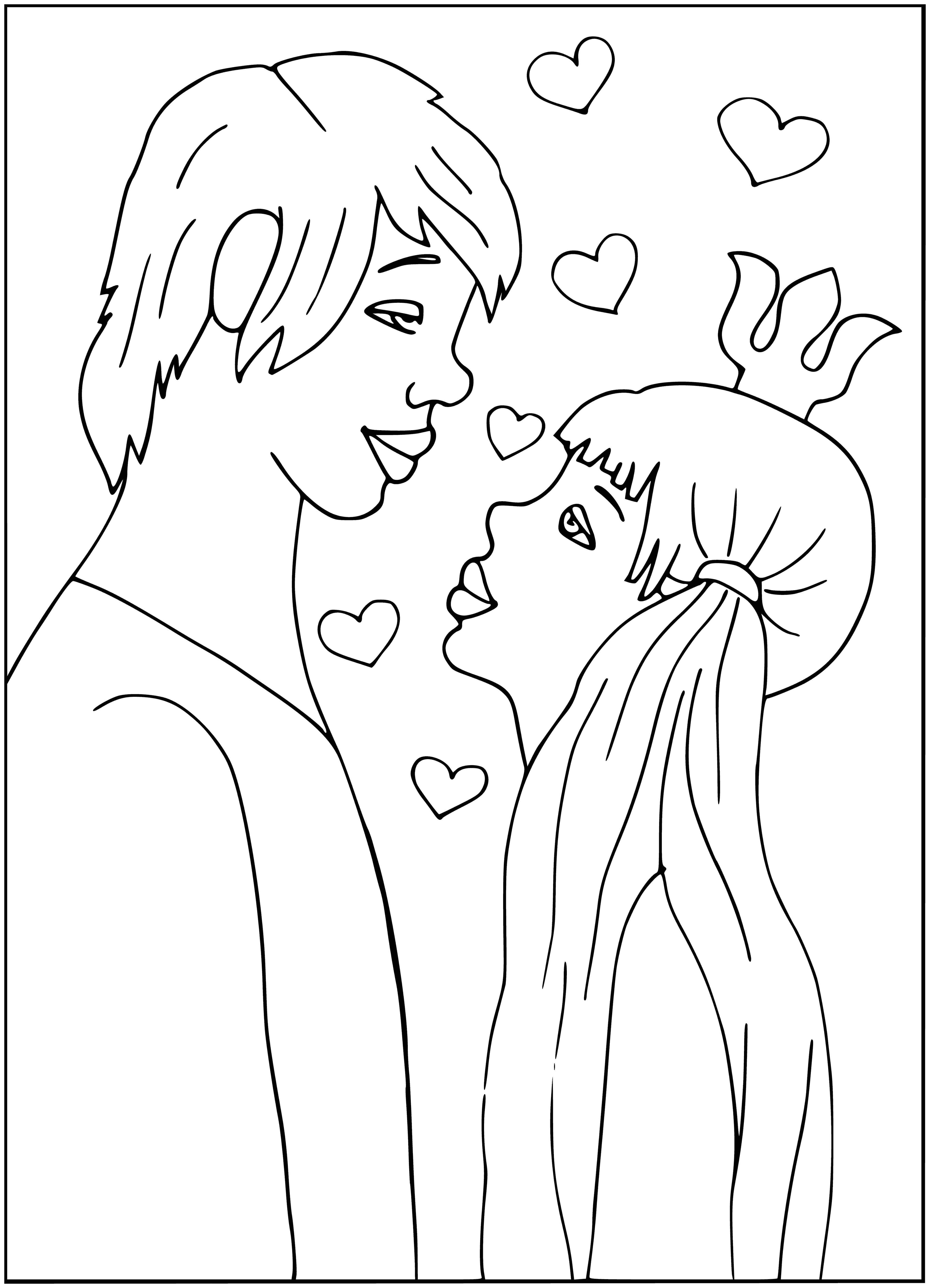 coloring page: Man plays lute and woman listens, both smiling in a coloring page.