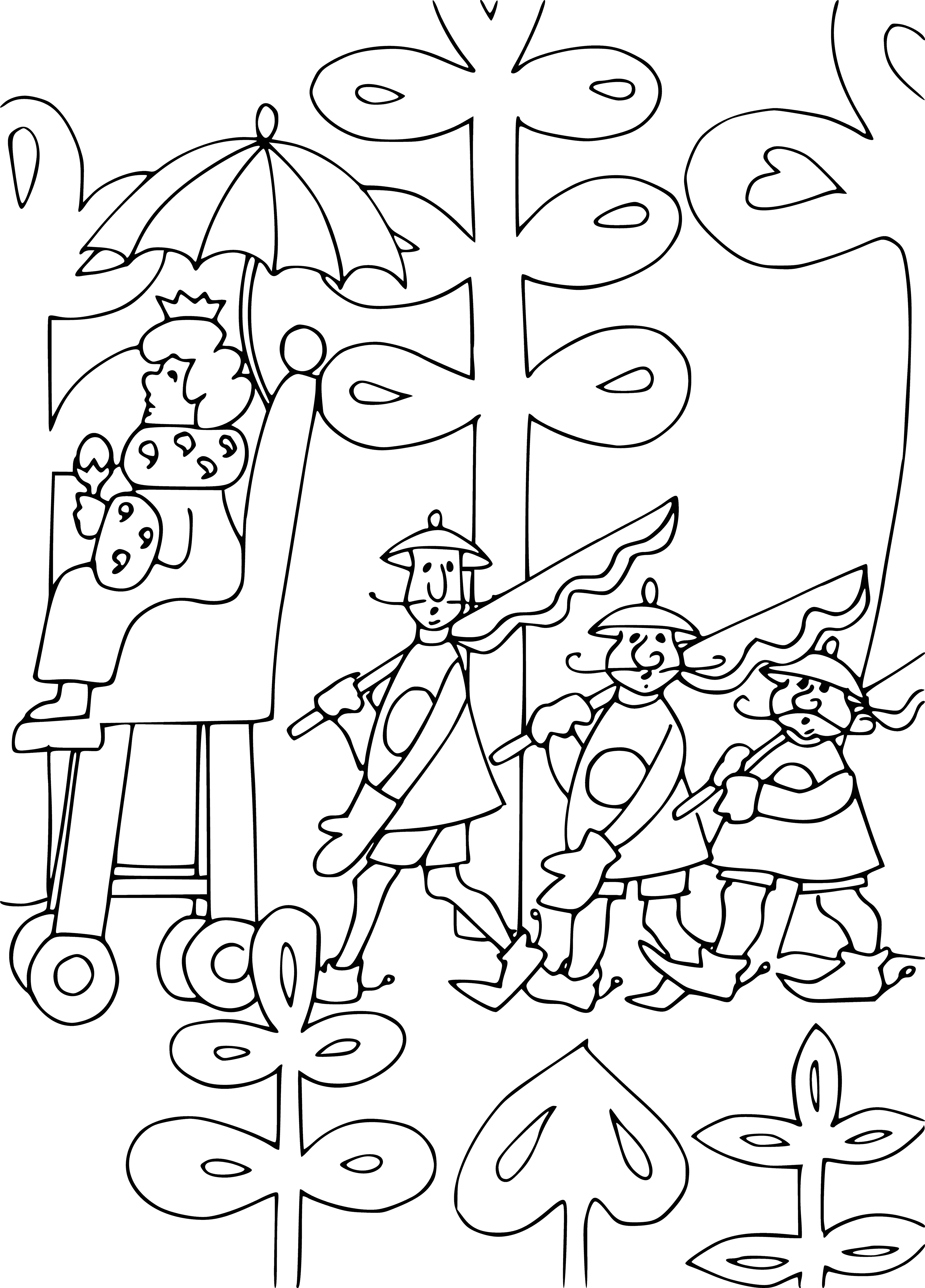 coloring page: Four animals, a KING and his guards looking unhappy, and a village in the background.