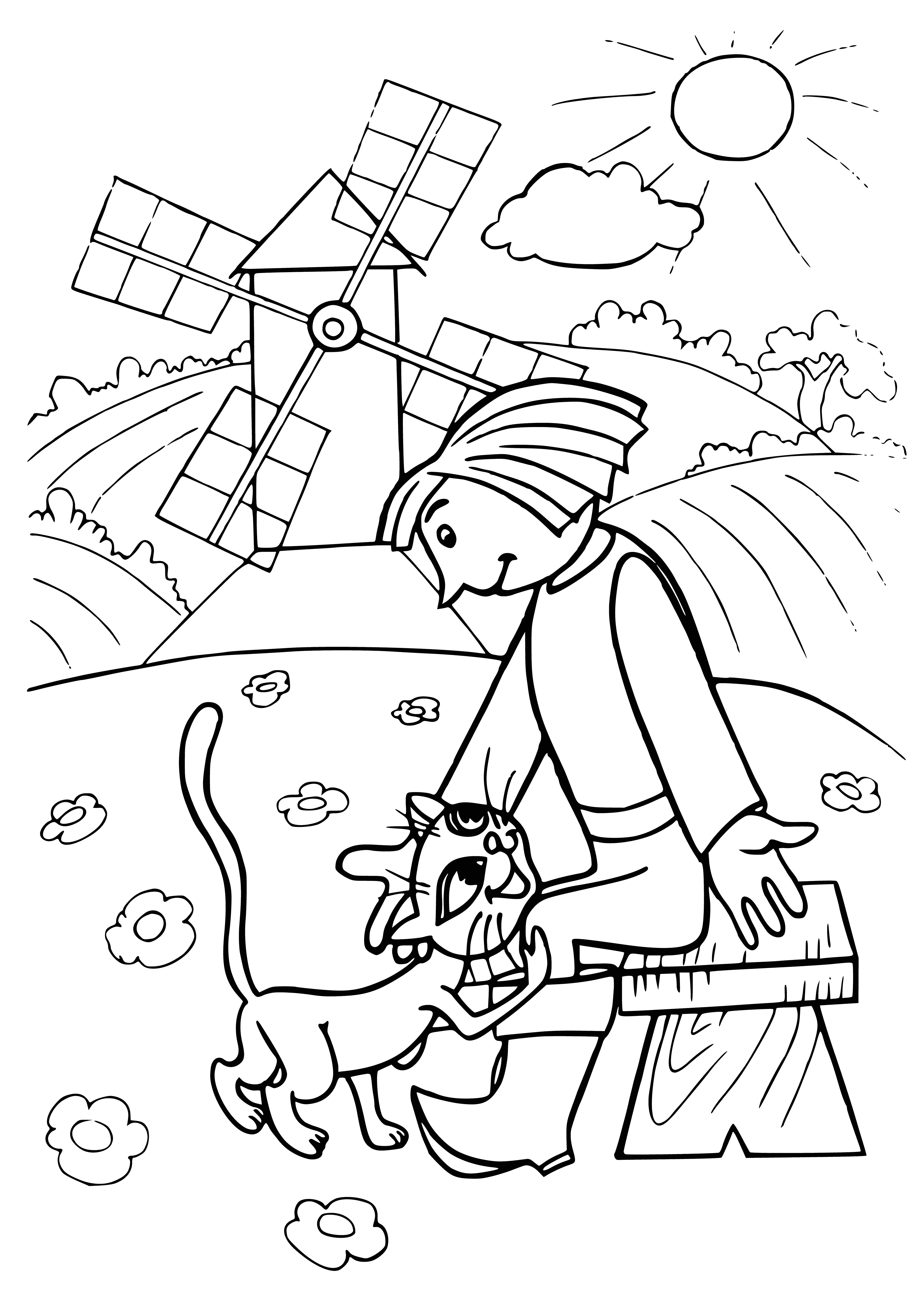 coloring page: 140 characters: Cat with large head and far apart eyes, long tail featured in 'The Puss in Boots'.