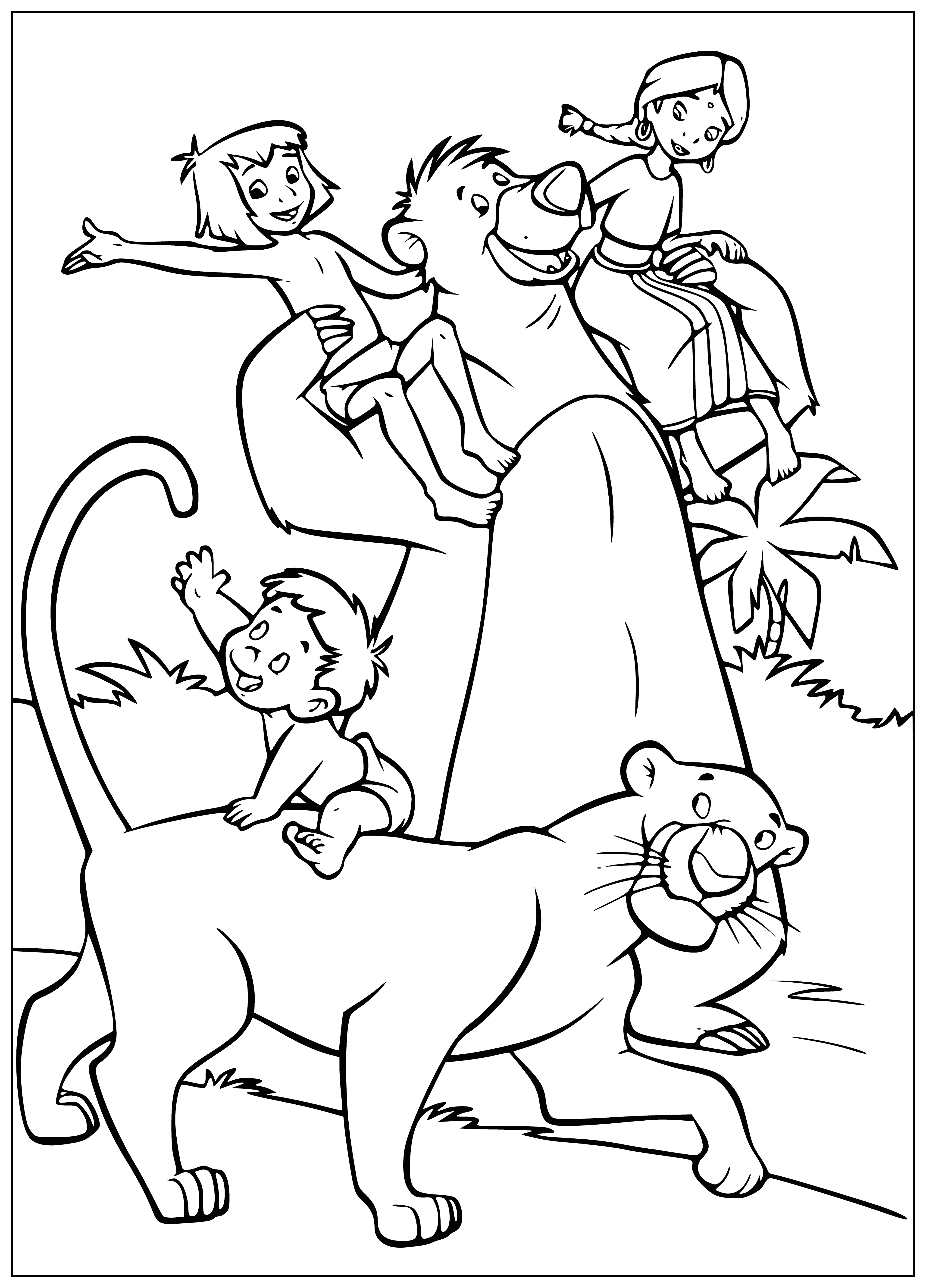 coloring page: Lion stands proud on branch, surrounded by a tiger, deer, monkey, and bird in a lush jungle landscape. Roaring triumphantly with claws extended.