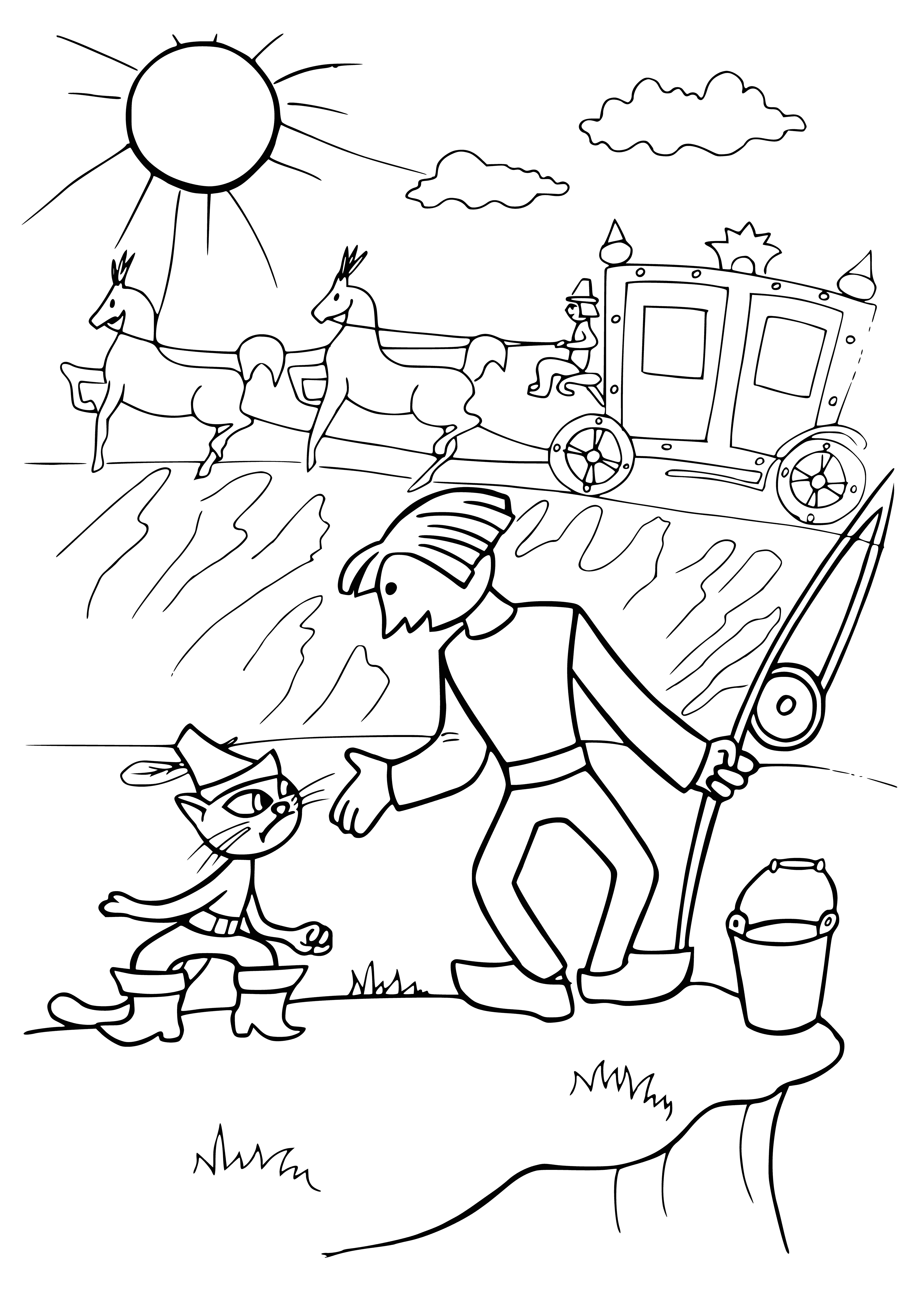 coloring page: Man in blue suit, red hat, long mustache, holding sword, in front of large castle.
