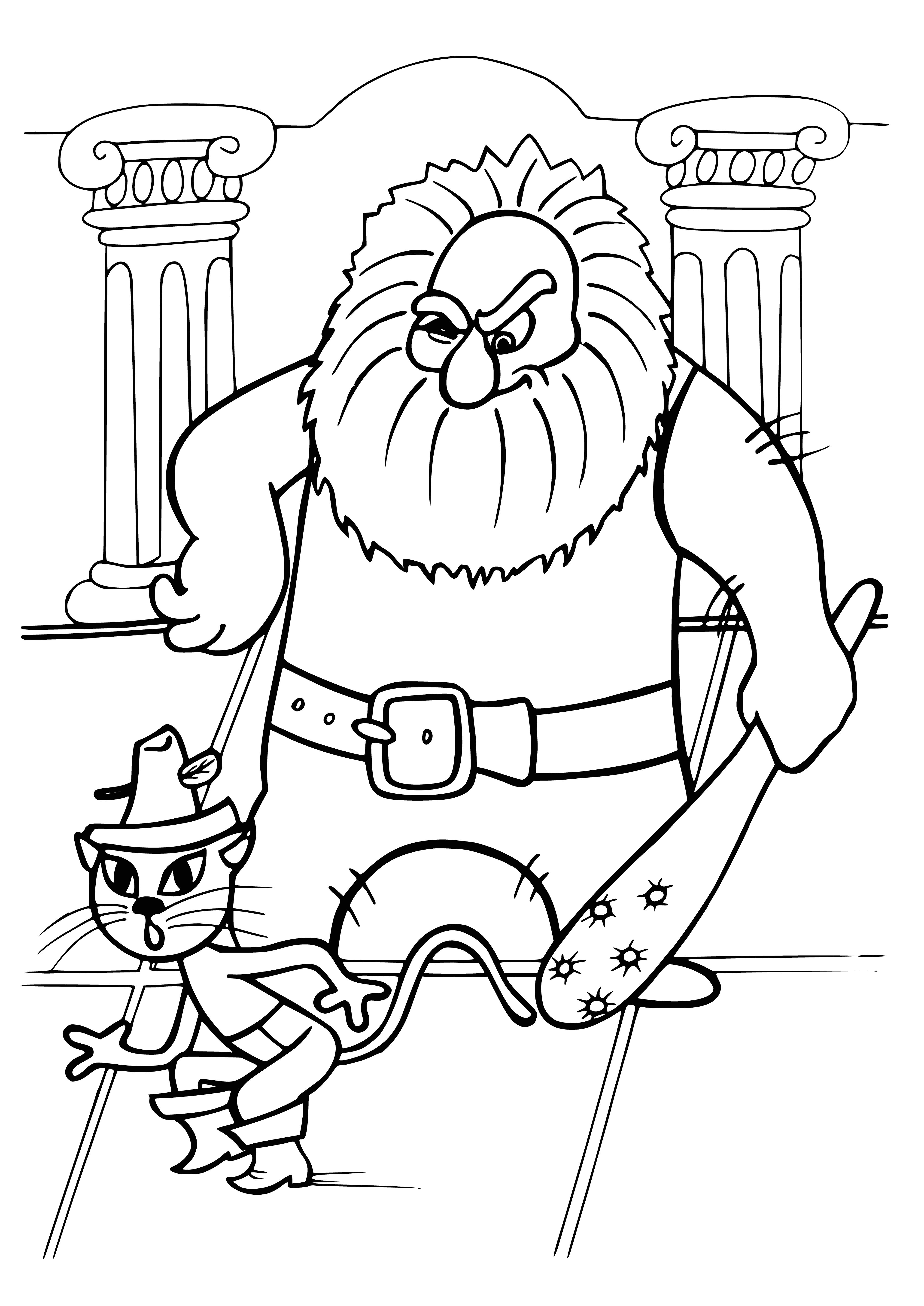 coloring page: Mischievous Puss in Boots, a smart black & white cat wearing a red & white striped shirt & black hat, sits atop a pile of bones.