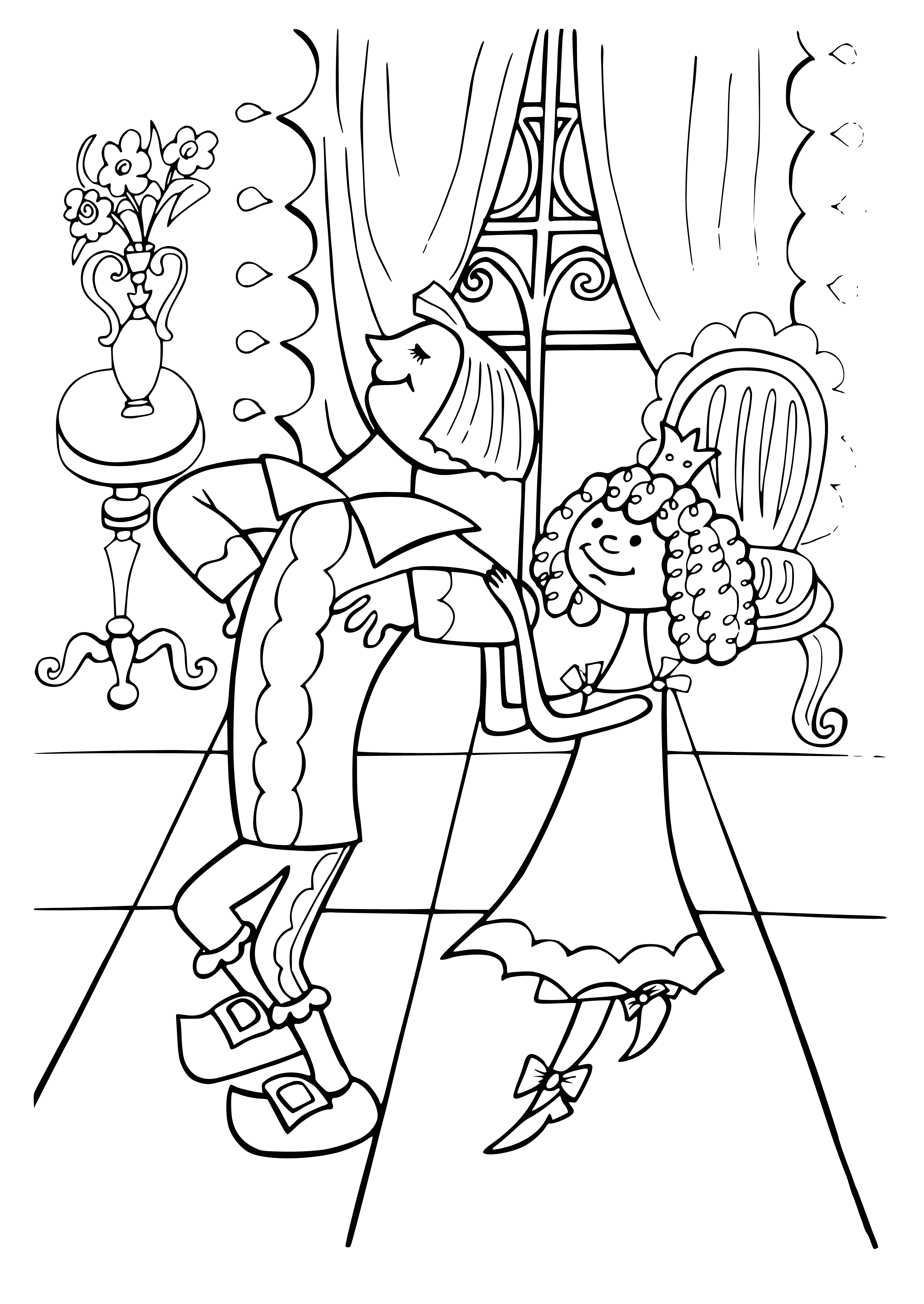 coloring page: Group in grand hall, woman with golden crown on throne flanked by man and small, sly cat with sword in mouth. At bottom, content orange cat.
