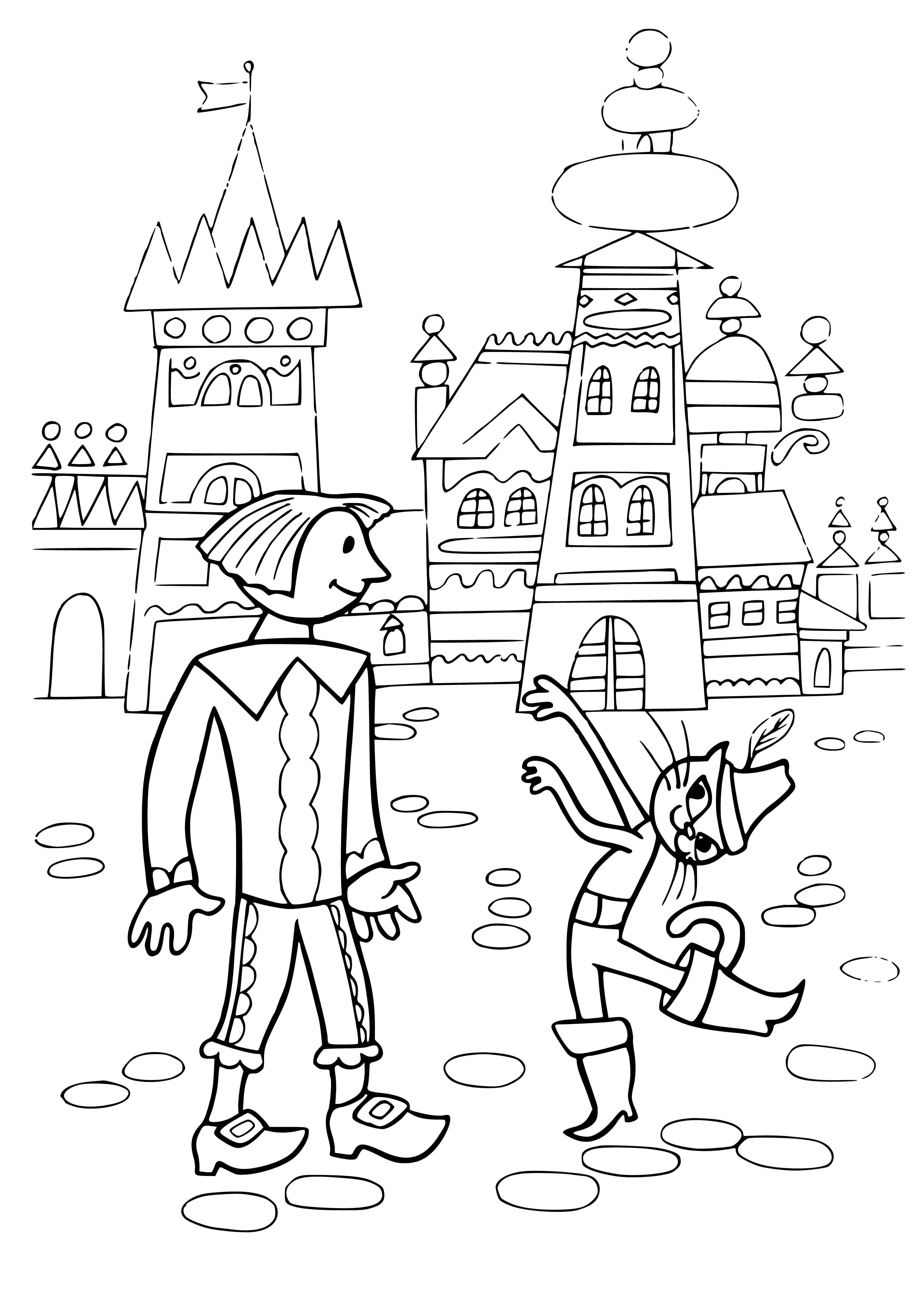 coloring page: Man with hat & overcoat cuddles scruffy cat in front of intimidating castle. He smiles, cat stares wide-eyed.