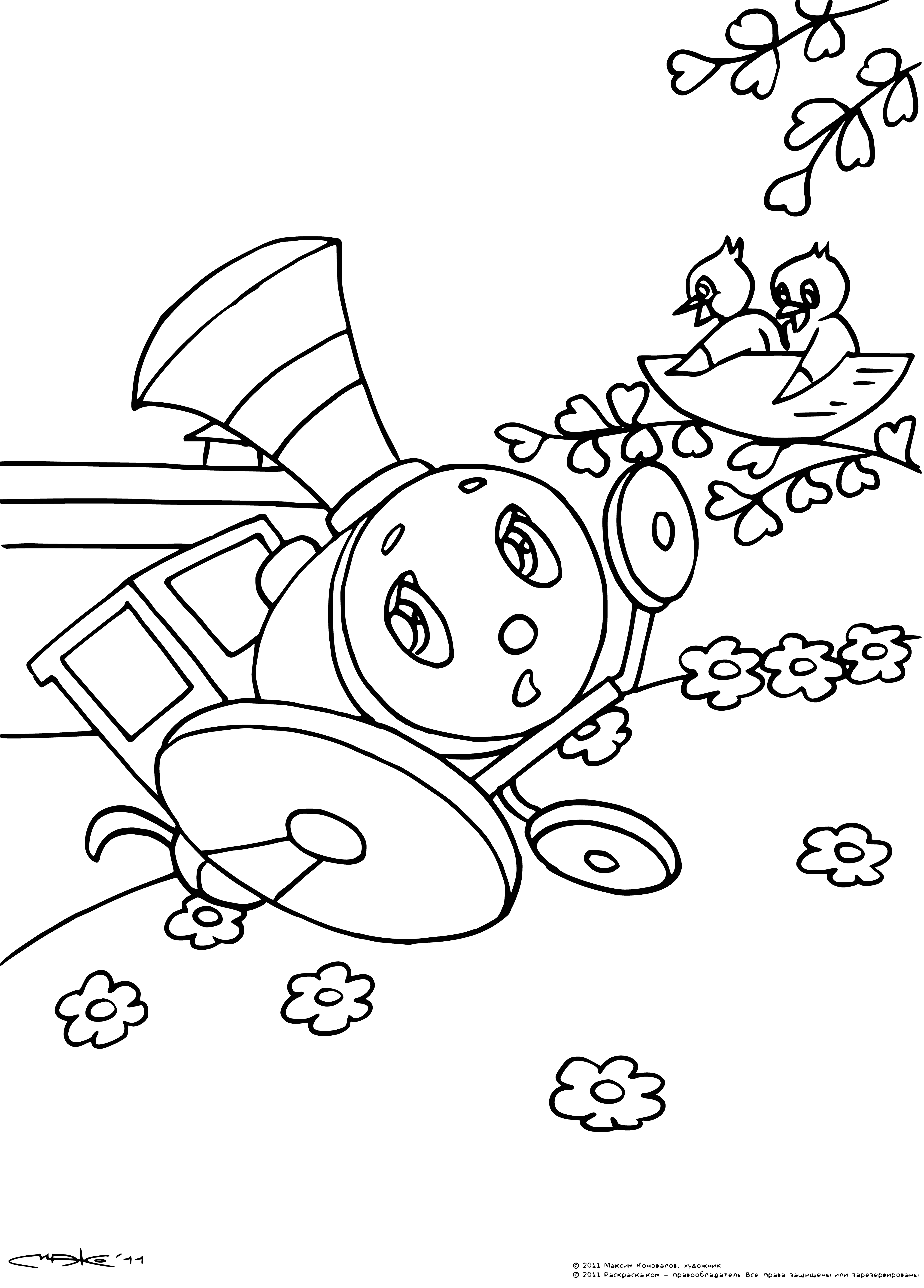 coloring page: Abandoned black locomotive in a field needs repair - Bird's Nest locomotive from Romashkovo.
