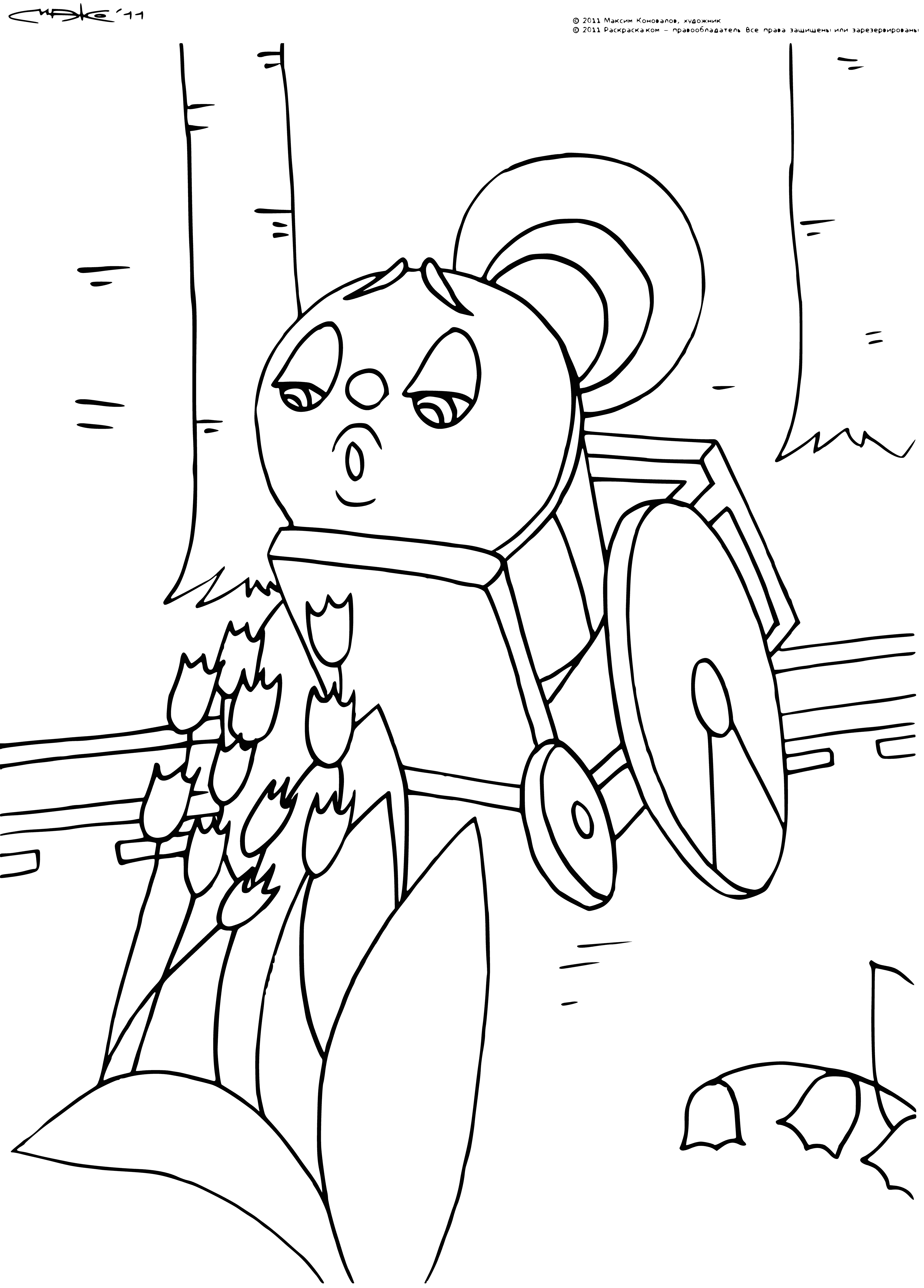 coloring page: Romashkovo locomotive takes in the sweet smell of flowers in a coloring page. #locomotives #flowers #coloringpages