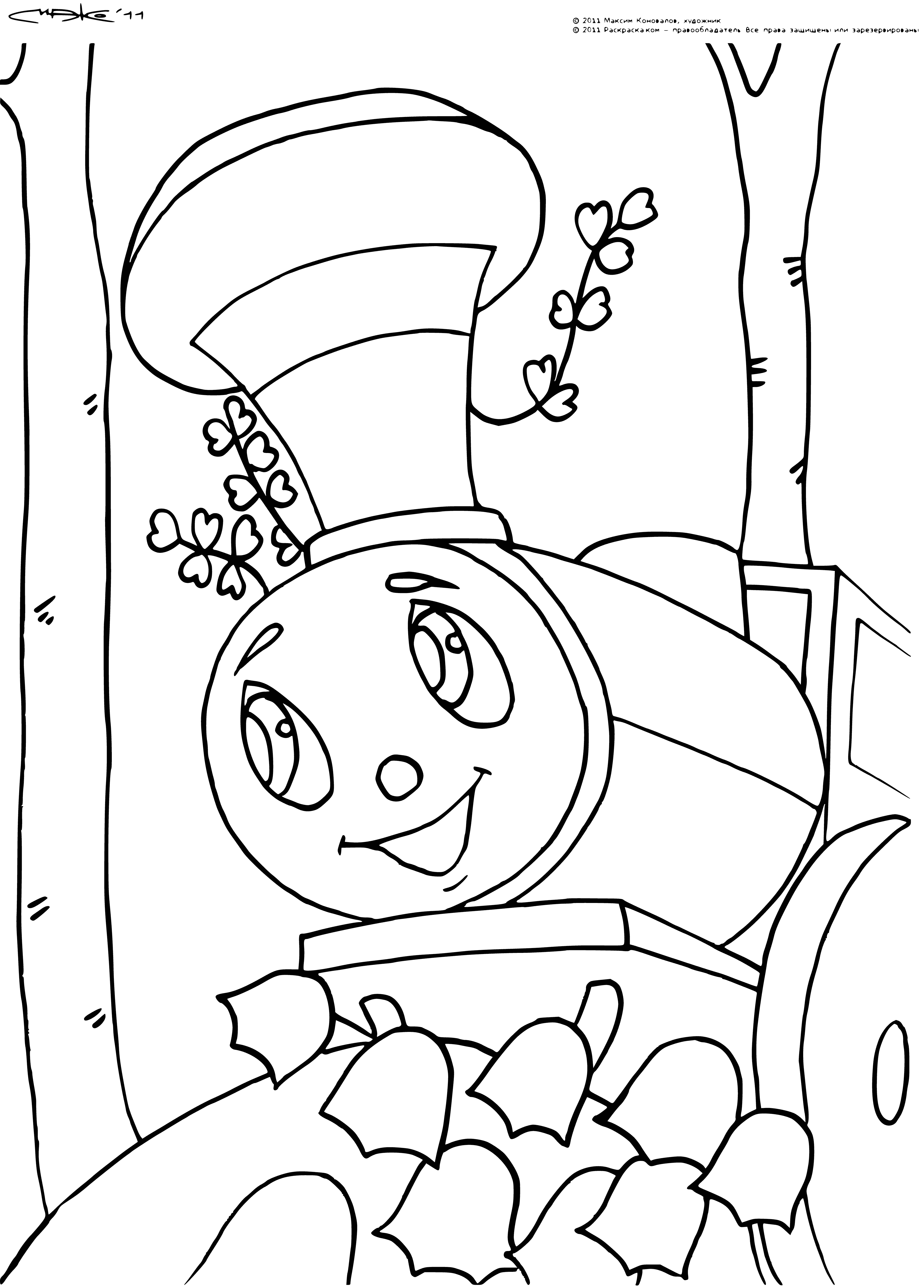 coloring page: Locomotive seen in Moscow's Romashkovo station: steam engine, pulling passenger & freight cars, painted black & "Romashkovo" written on it in white.
